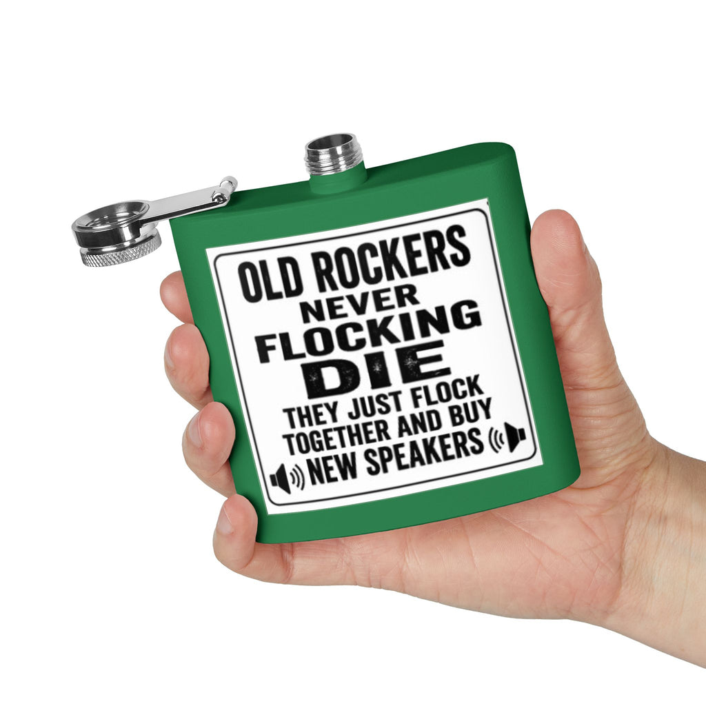 Flask — "Old Rockers Never Flocking Die" 6oz Stainless Steel Hip Flask