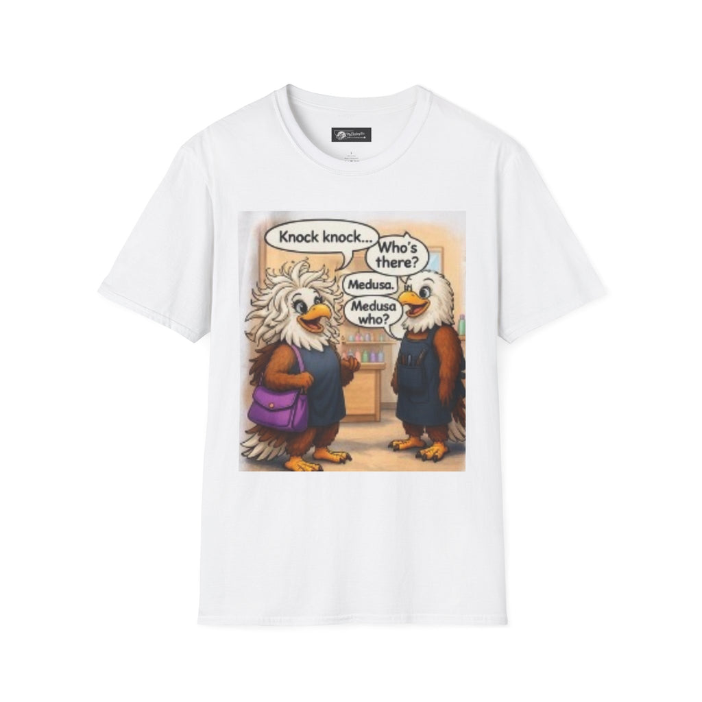 T-Shirt — Funny Eagle Knock Knock Joke “Meduso” Cartoon Tee
