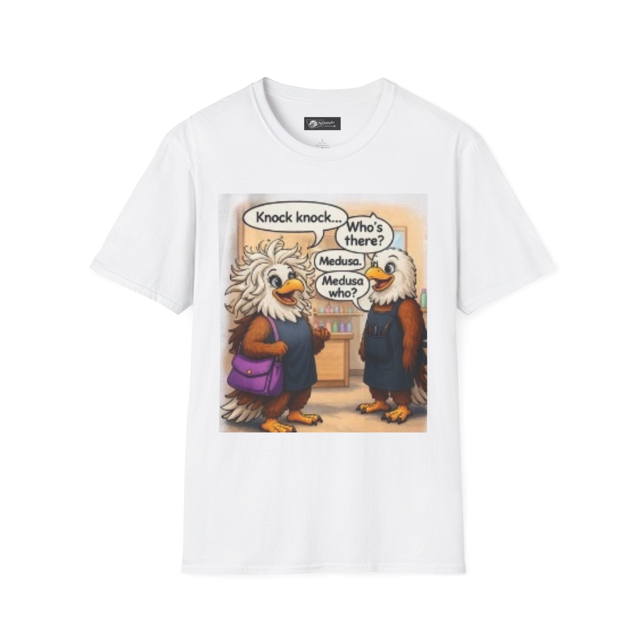 T-Shirt — Funny Eagle Knock Knock Joke “Meduso” Cartoon Tee