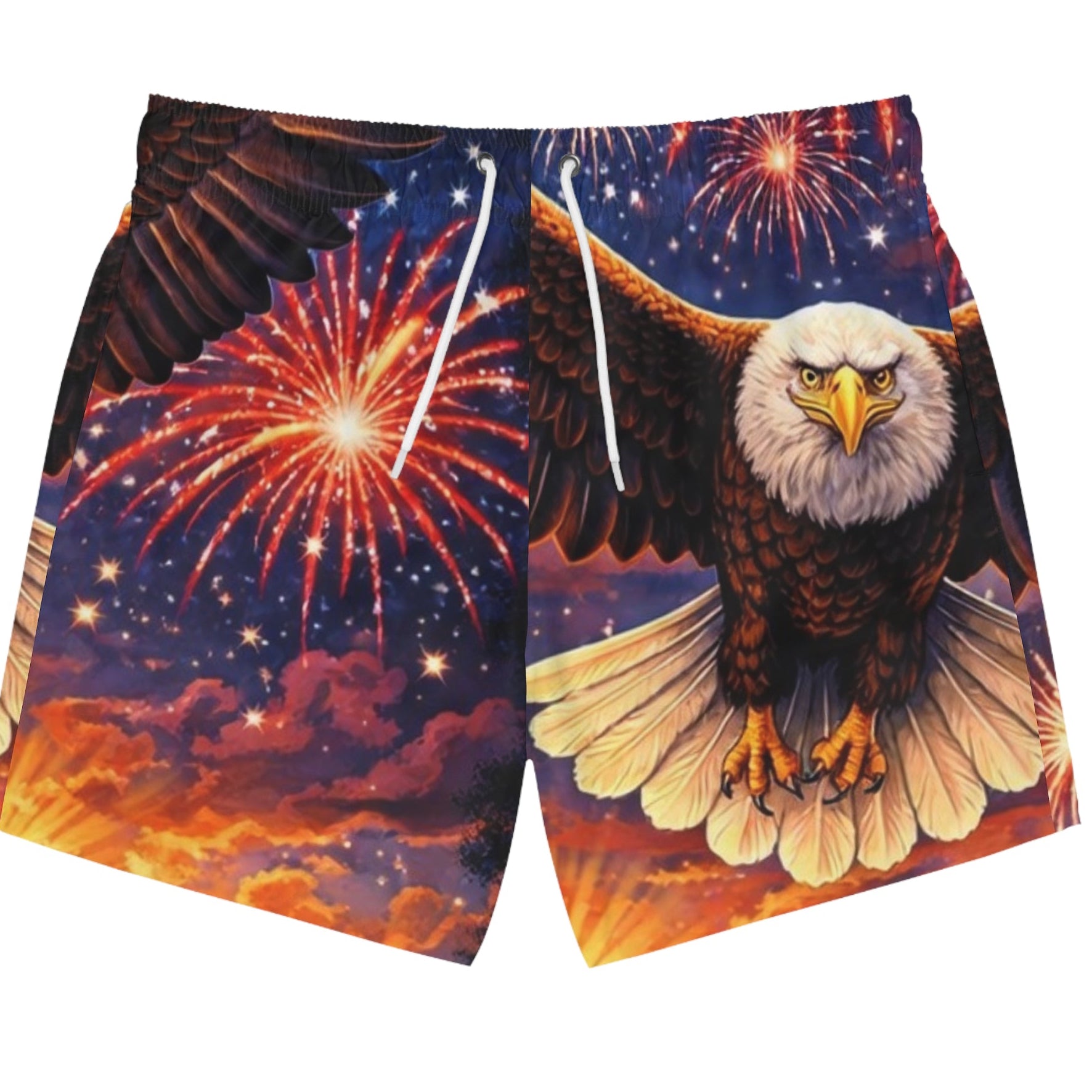 My Flocking Biz is rolling out a Fourth of July Holiday edition Eagle Swim Trunks — Fireworks All-Over Print