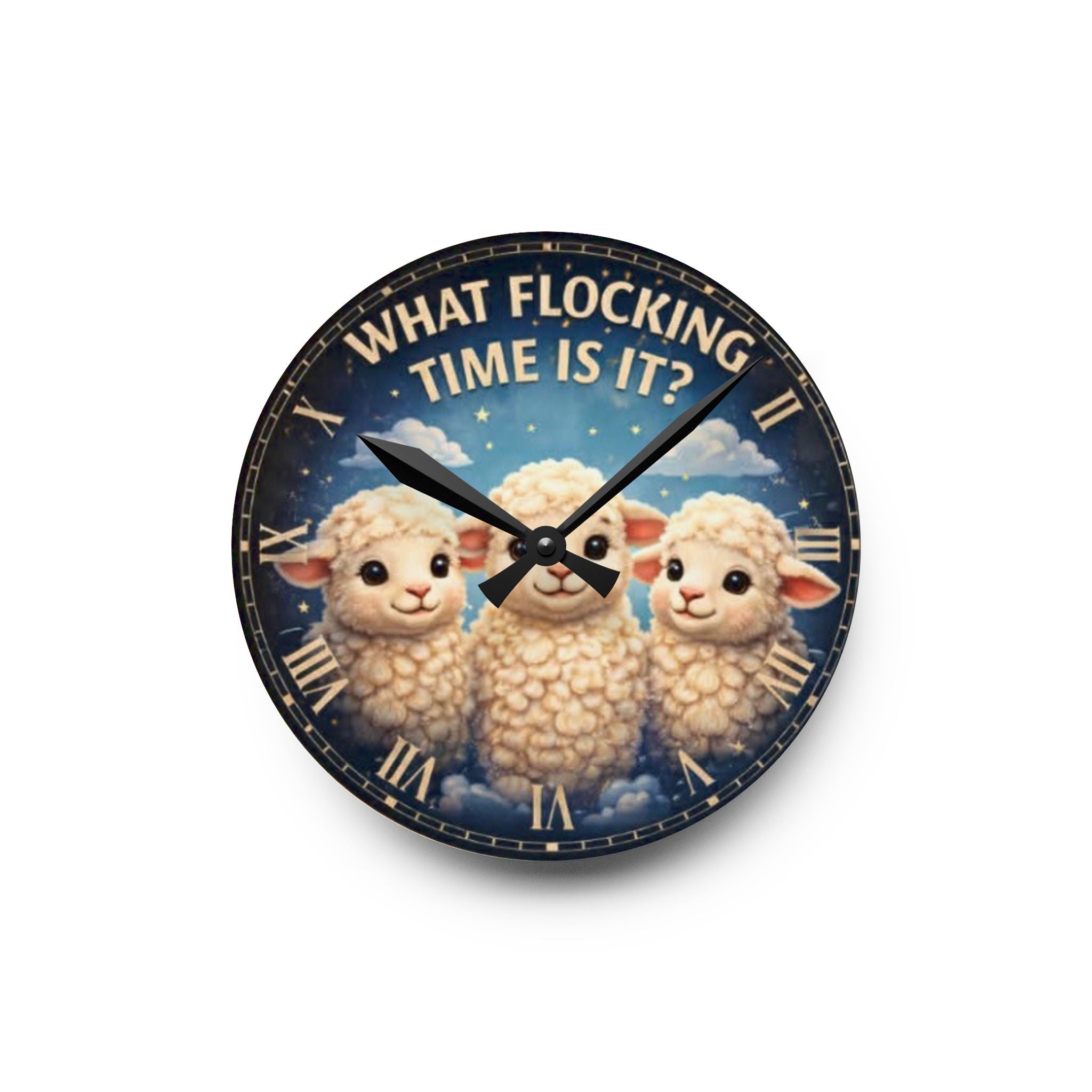 What Flocking Time Is It? Acrylic Wall Clock — Cute Sheep Nursery Decor