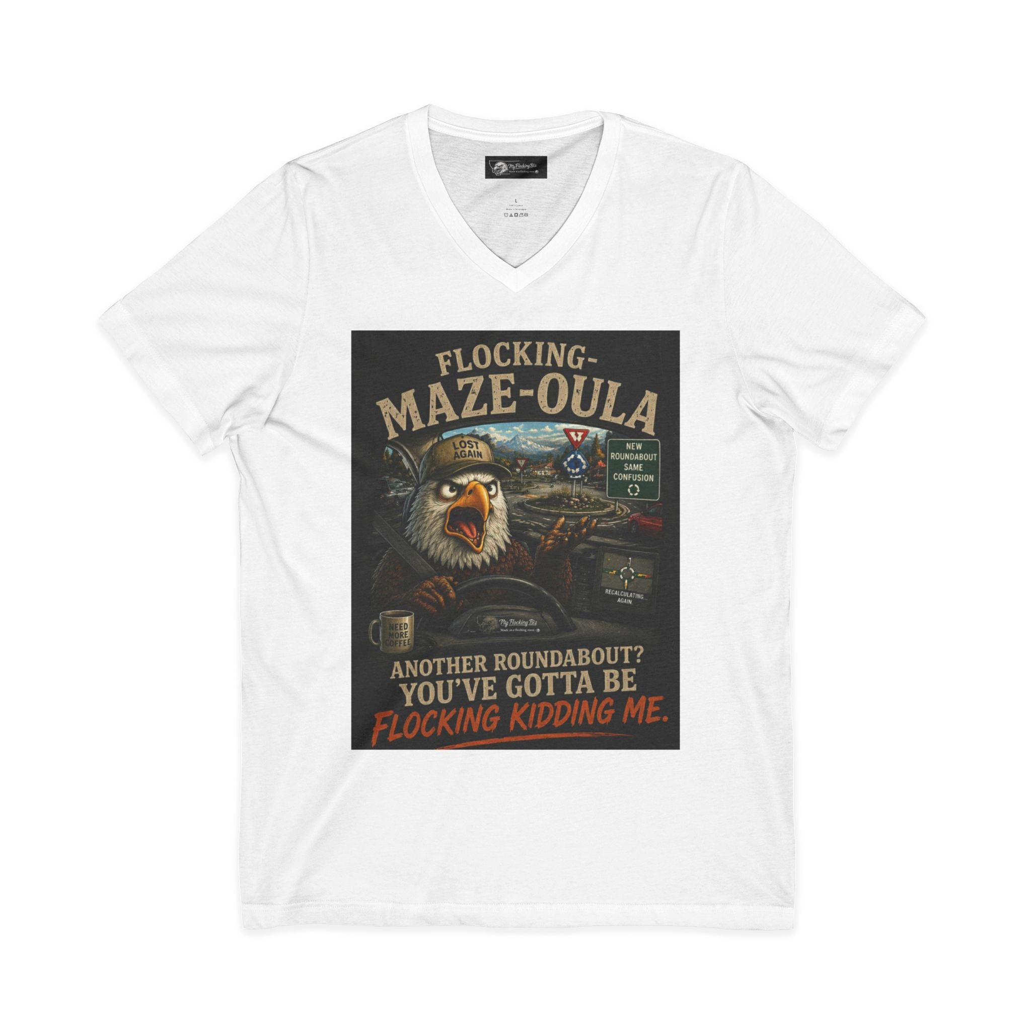 Flocking Maze-Oula V-Neck Tee – Funny Bald Eagle Road Trip Shirt
