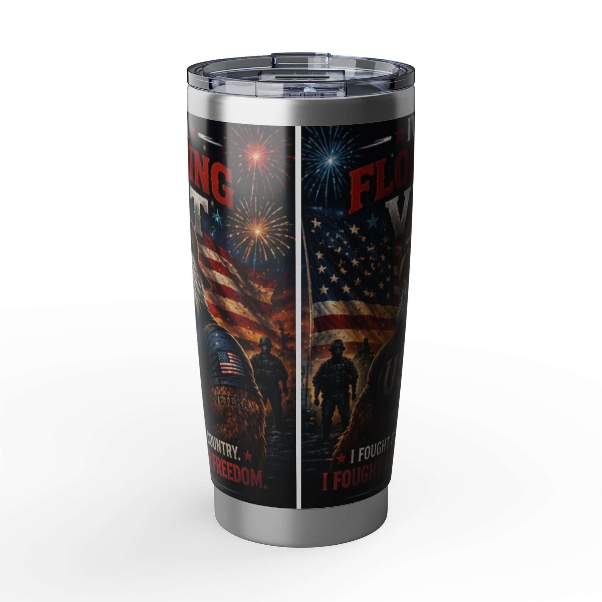 A Flocking Proud Patriotic Flag & Soldier 20oz Tumbler - "Fighting For My Country, I Found Freedom"