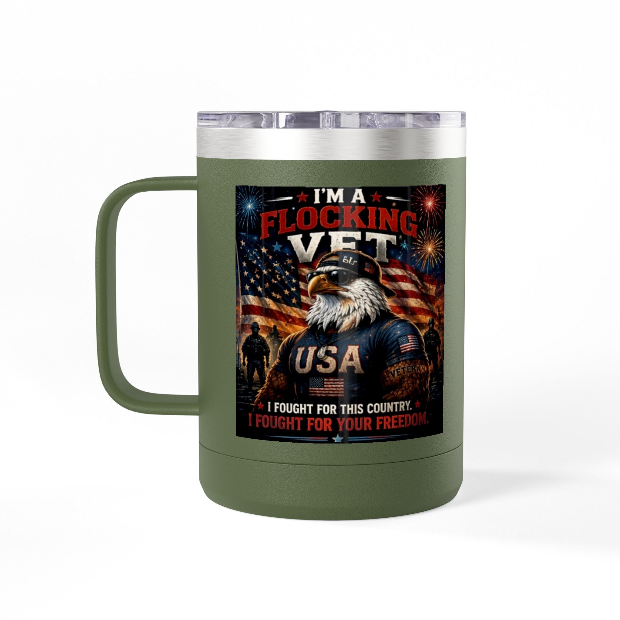 Flocking Proud Veteran Eagle Coffee Tumbler 15oz — “I’m a Flocking Vet” USA Patriotic Mug