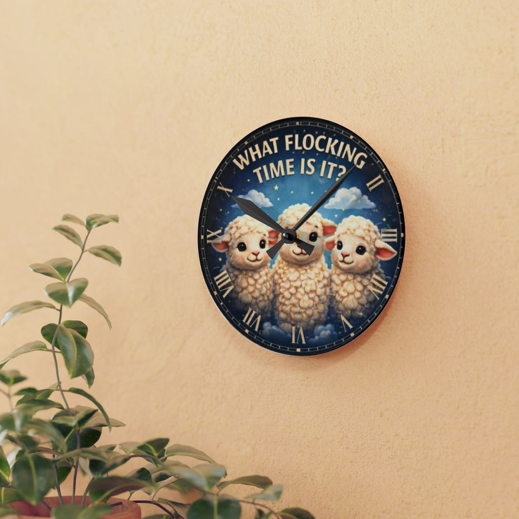 What Flocking Time Is It? Acrylic Wall Clock — Cute Sheep Nursery Decor