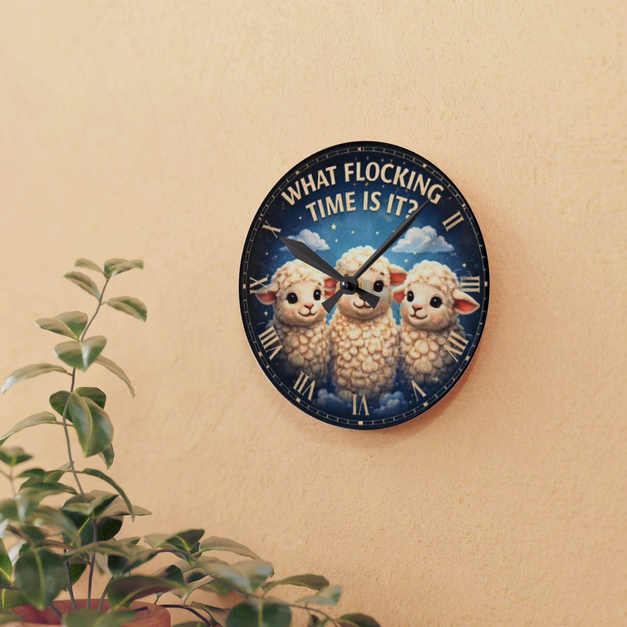 What Flocking Time Is It? Acrylic Wall Clock — Cute Sheep Nursery Decor