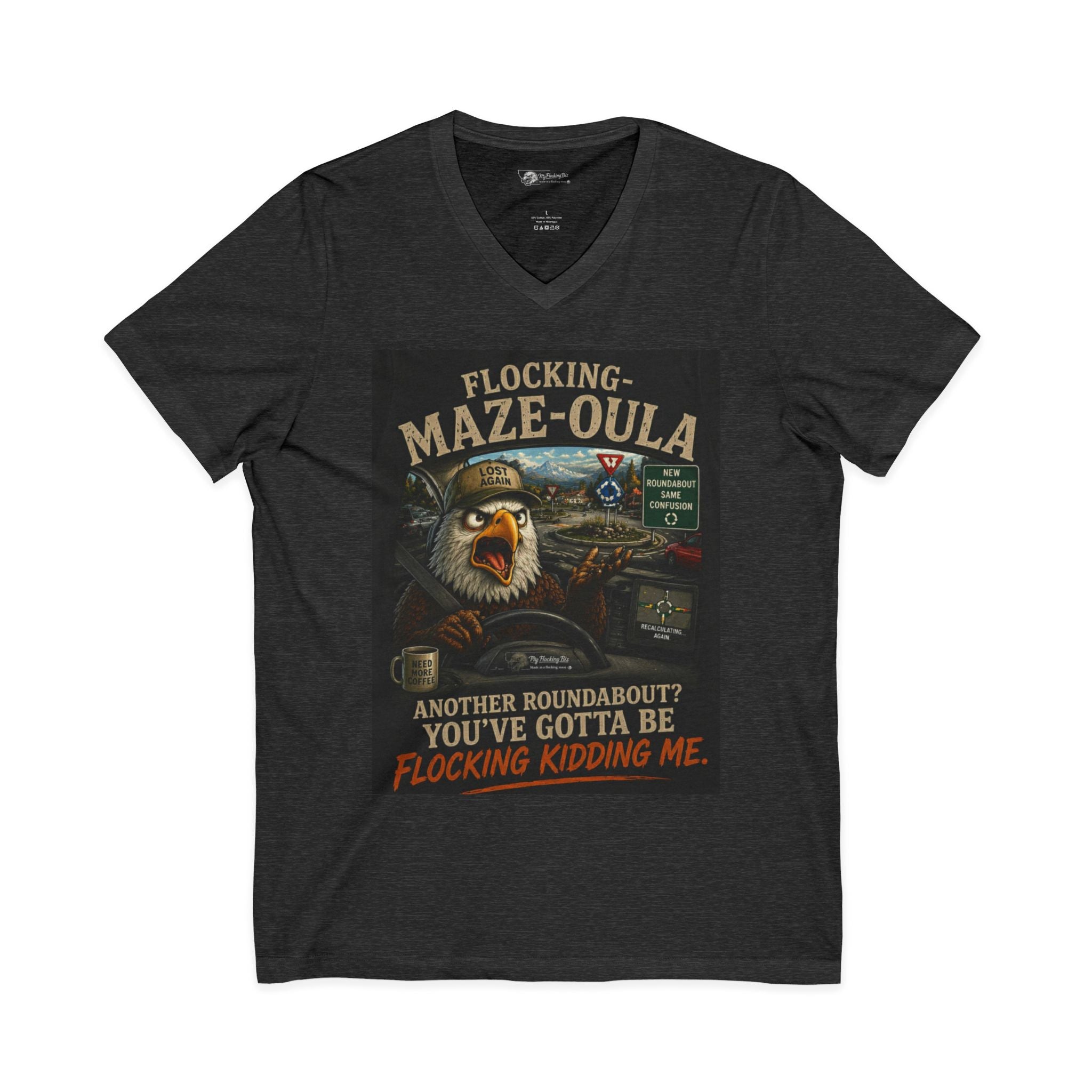 Flocking Maze-Oula V-Neck Tee – Funny Bald Eagle Road Trip Shirt