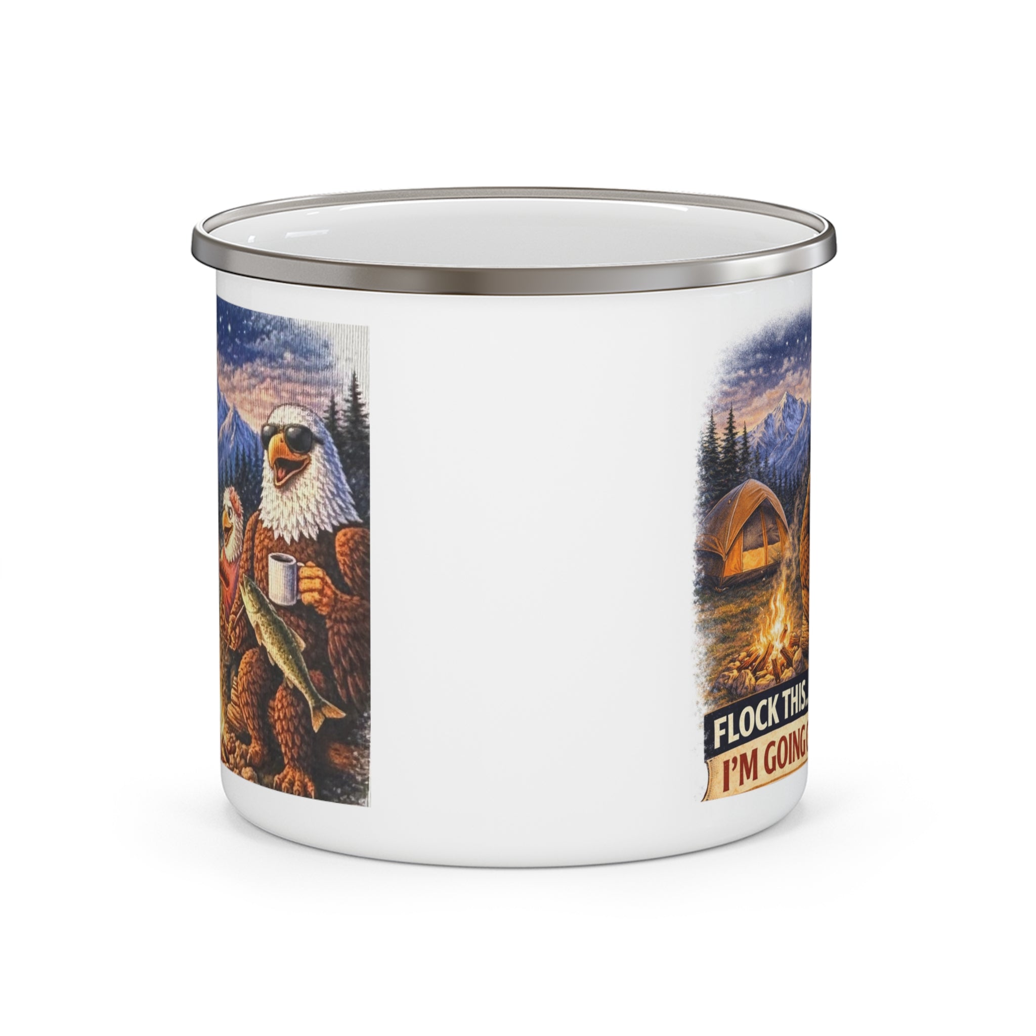 Enamel Camping Mug — "Flock This... I'm Going Camping" Eagle Campfire Coffee Mug