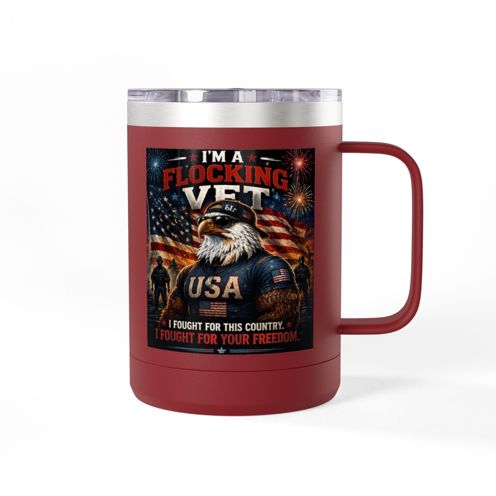 Flocking Proud Veteran Eagle Coffee Tumbler 15oz — “I’m a Flocking Vet” USA Patriotic Mug