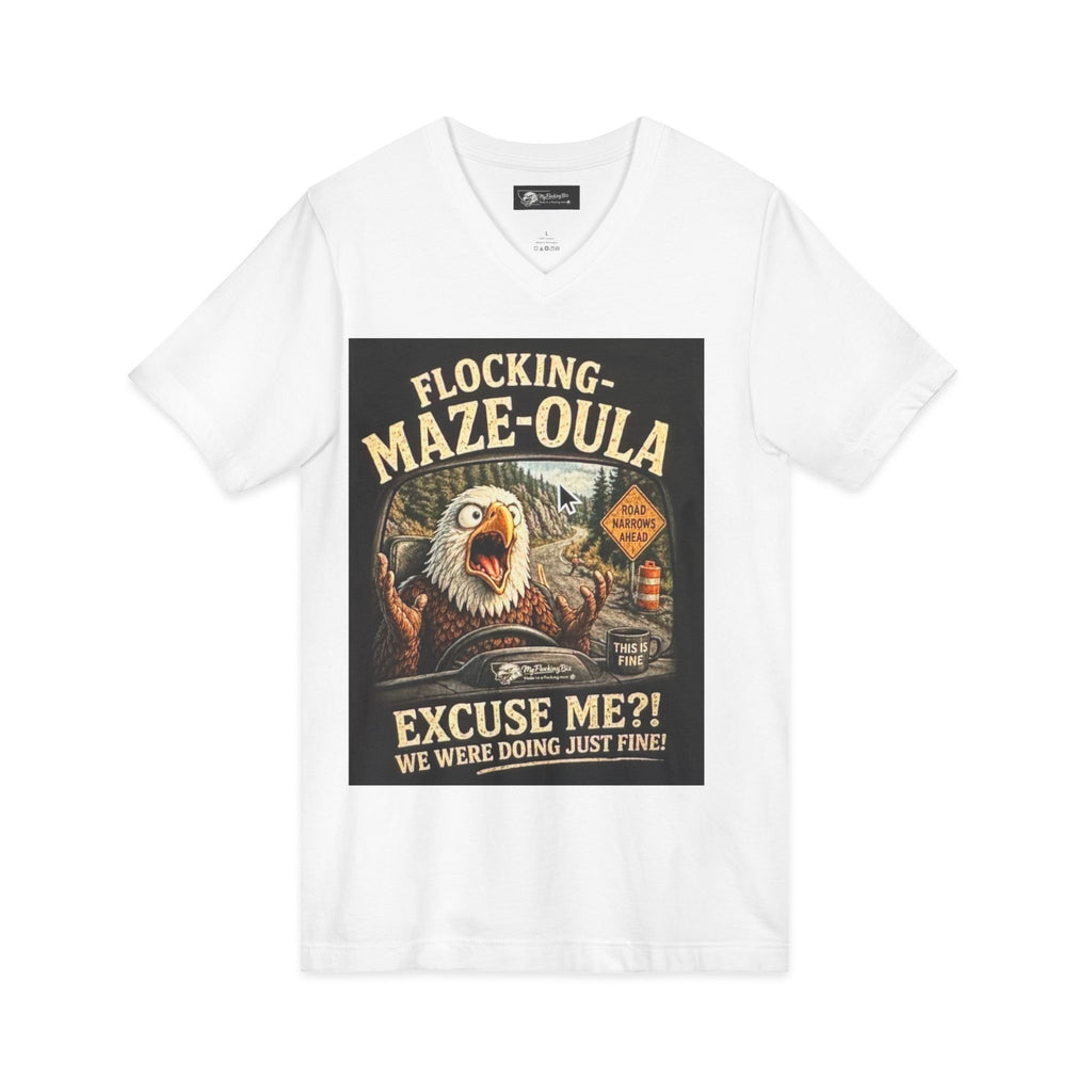 Funny Eagle Road Sign V-Neck Tee - "Flocking-Maze-Oula" Graphic Shirt