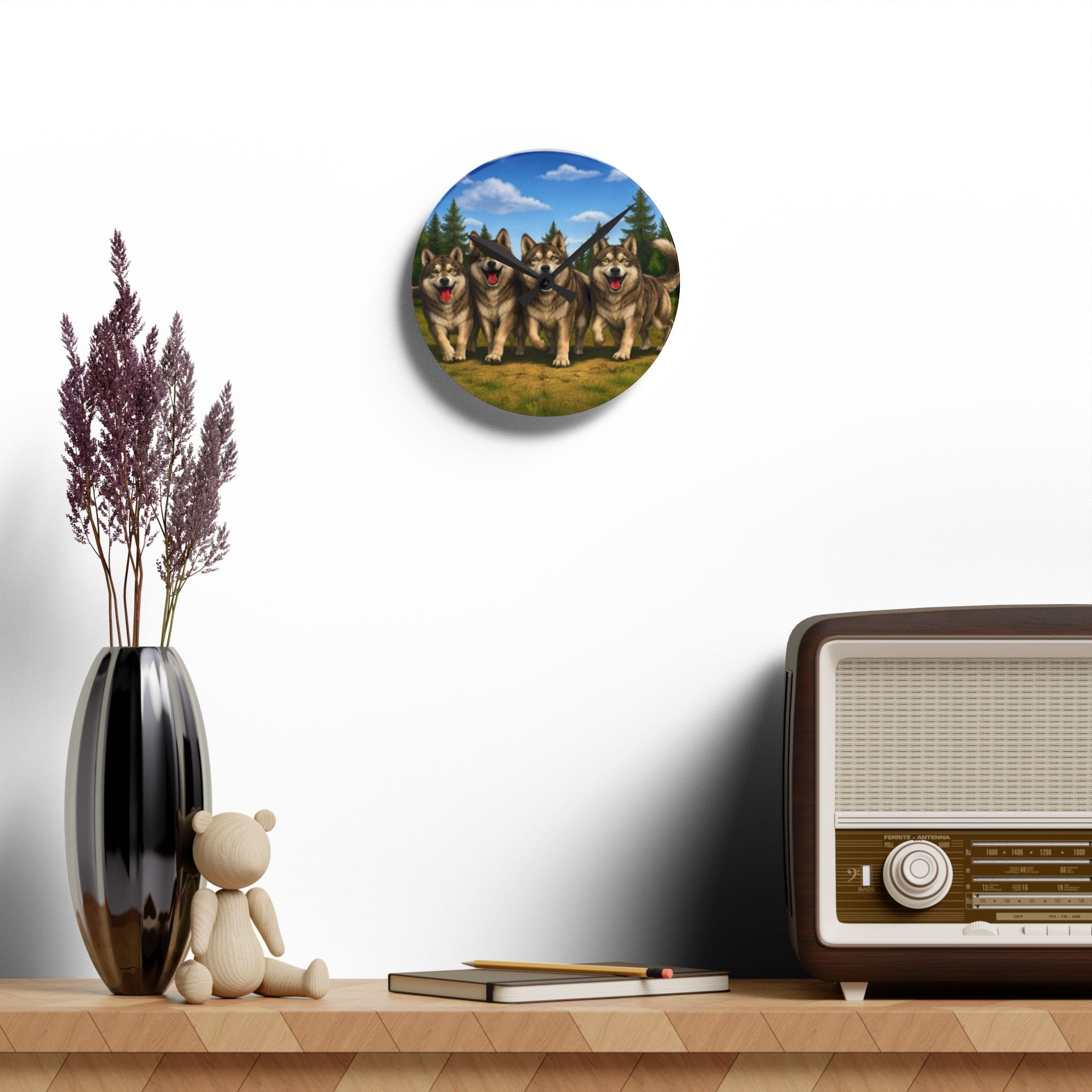 Wolf Pack Acrylic Wall Clock — Rustic Wildlife Home Decor
