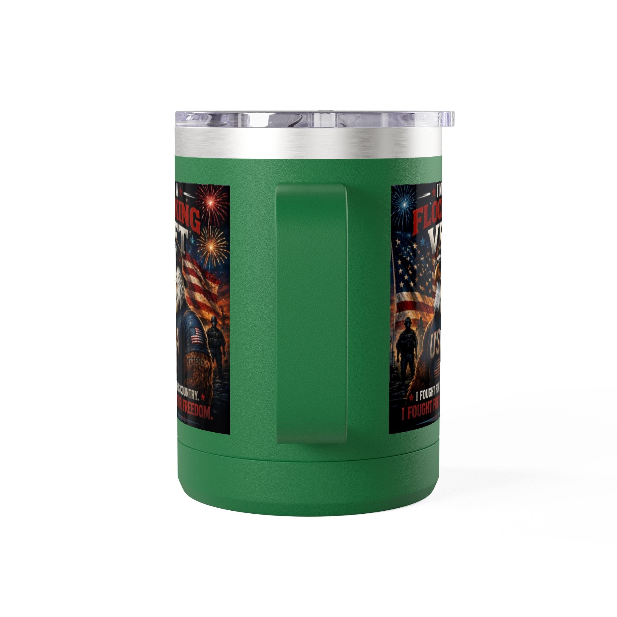 Flocking Proud Veteran Eagle Coffee Tumbler 15oz — “I’m a Flocking Vet” USA Patriotic Mug