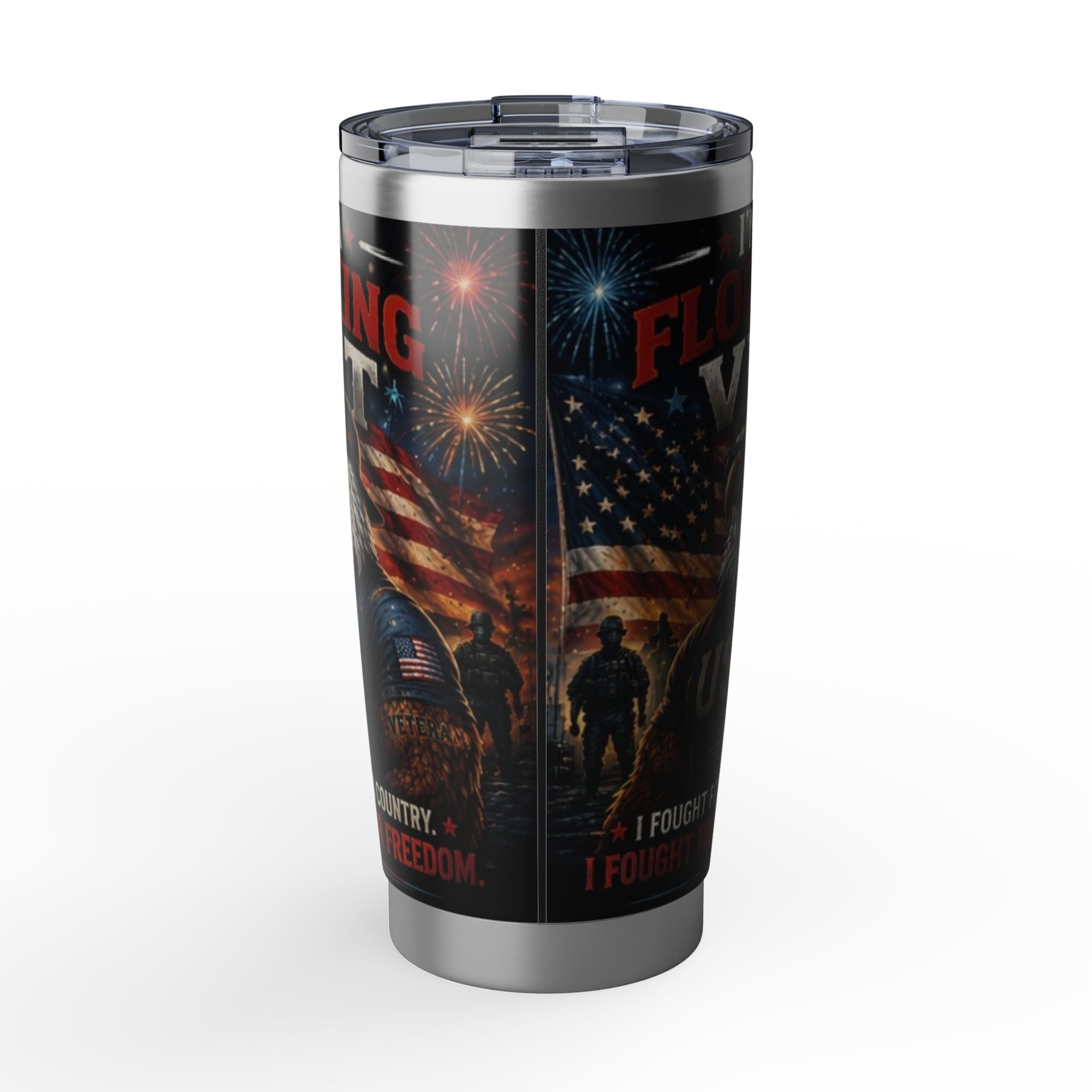 A Flocking Proud Patriotic Flag & Soldier 20oz Tumbler - "Fighting For My Country, I Found Freedom"