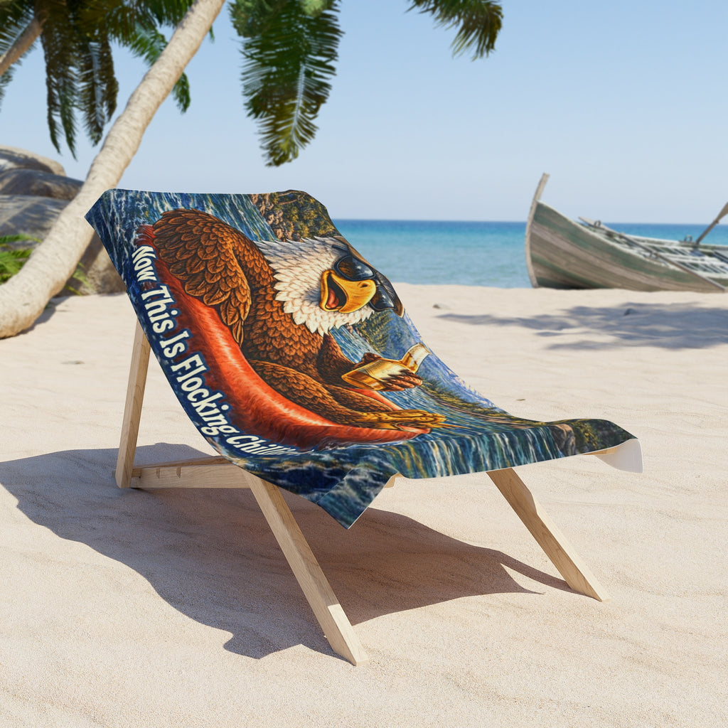 Beach Towel — 'Now This Is Flocking Chillin' Eagle Float with Beer | Funny Summer Lake & River Gift