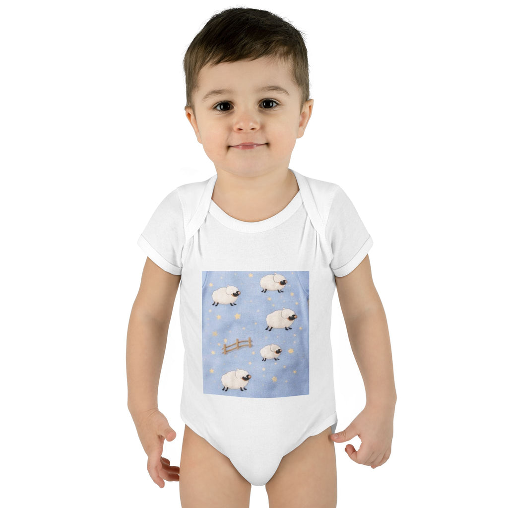 Baby Bodysuit - Counting Sheep on Night Sky (Infant Rib Onesie)