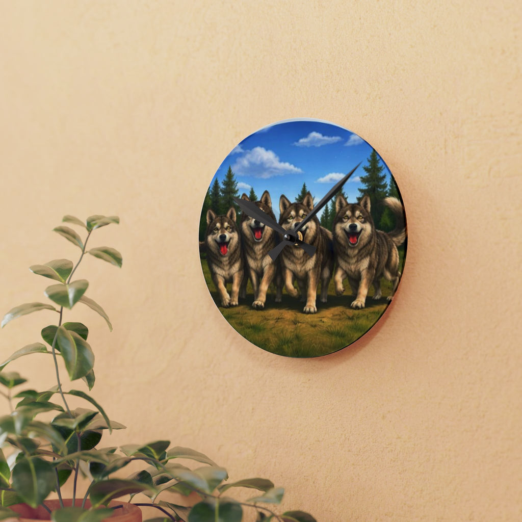 Wolf Pack Acrylic Wall Clock — Rustic Wildlife Home Decor