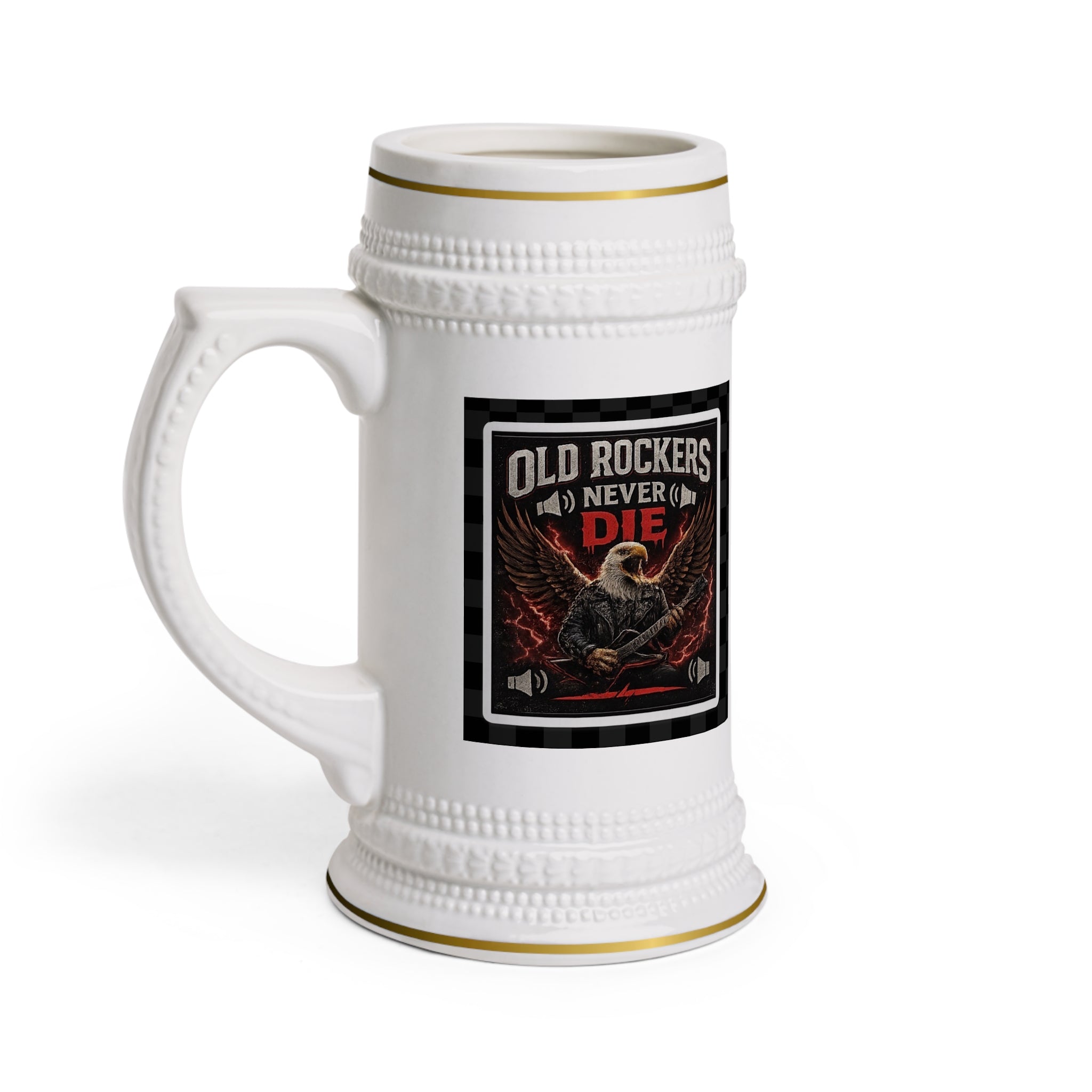 Old Rockers Never Die Ceramic Beer Stein Mug – Vintage Eagle Rock Music Gift