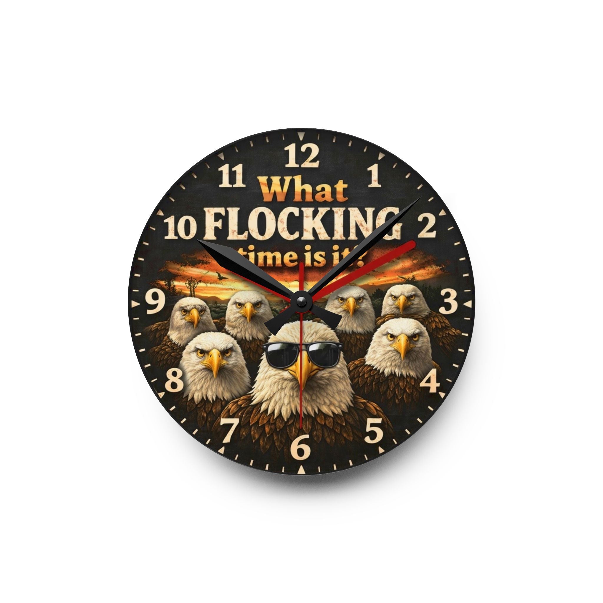 Acrylic Wall Clock — 'What Flocking Time Is It?' Bald Eagle Design