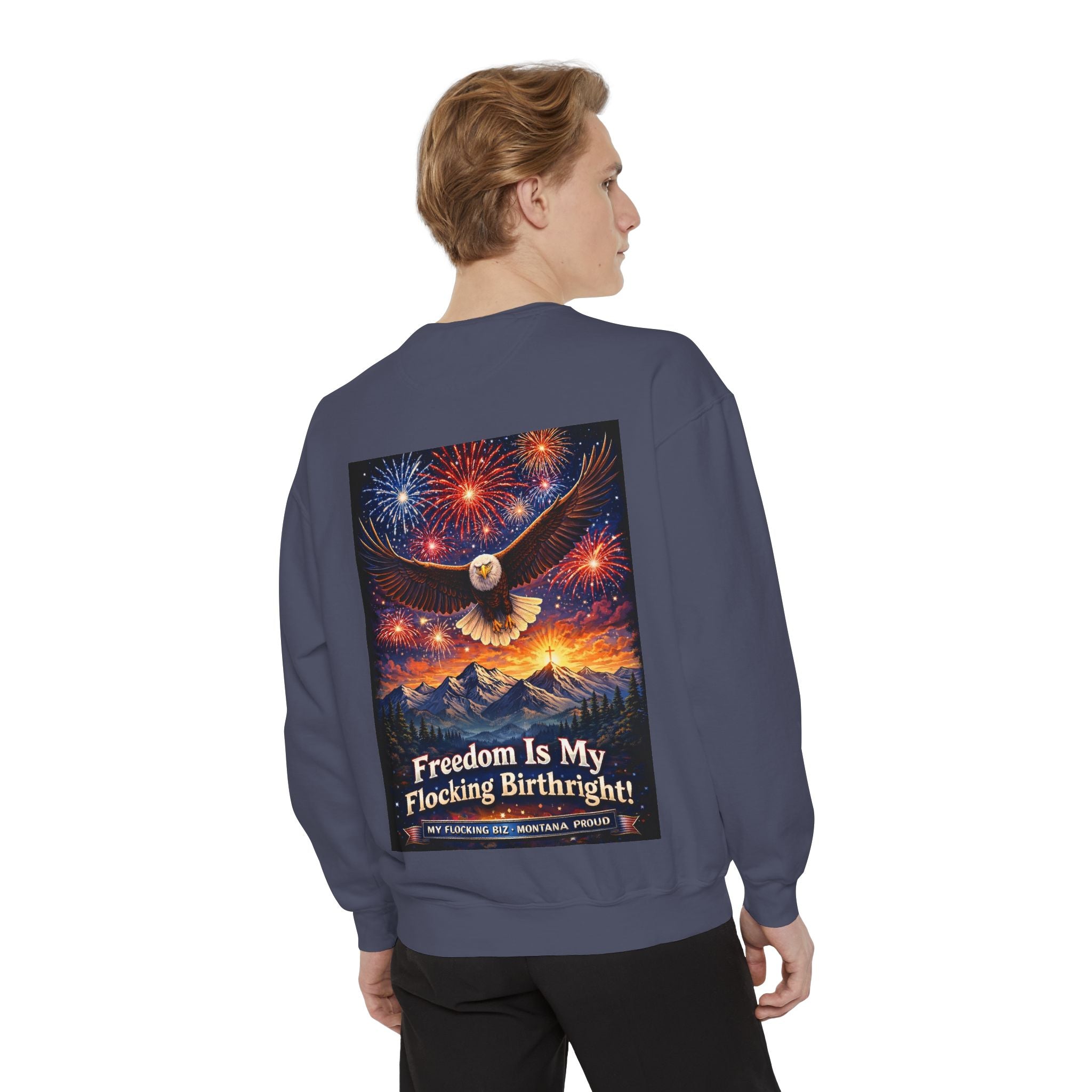 Freedom Is My Flocking Birthright Sweatshirt — Eagle & Fireworks Patriotic Crewneck