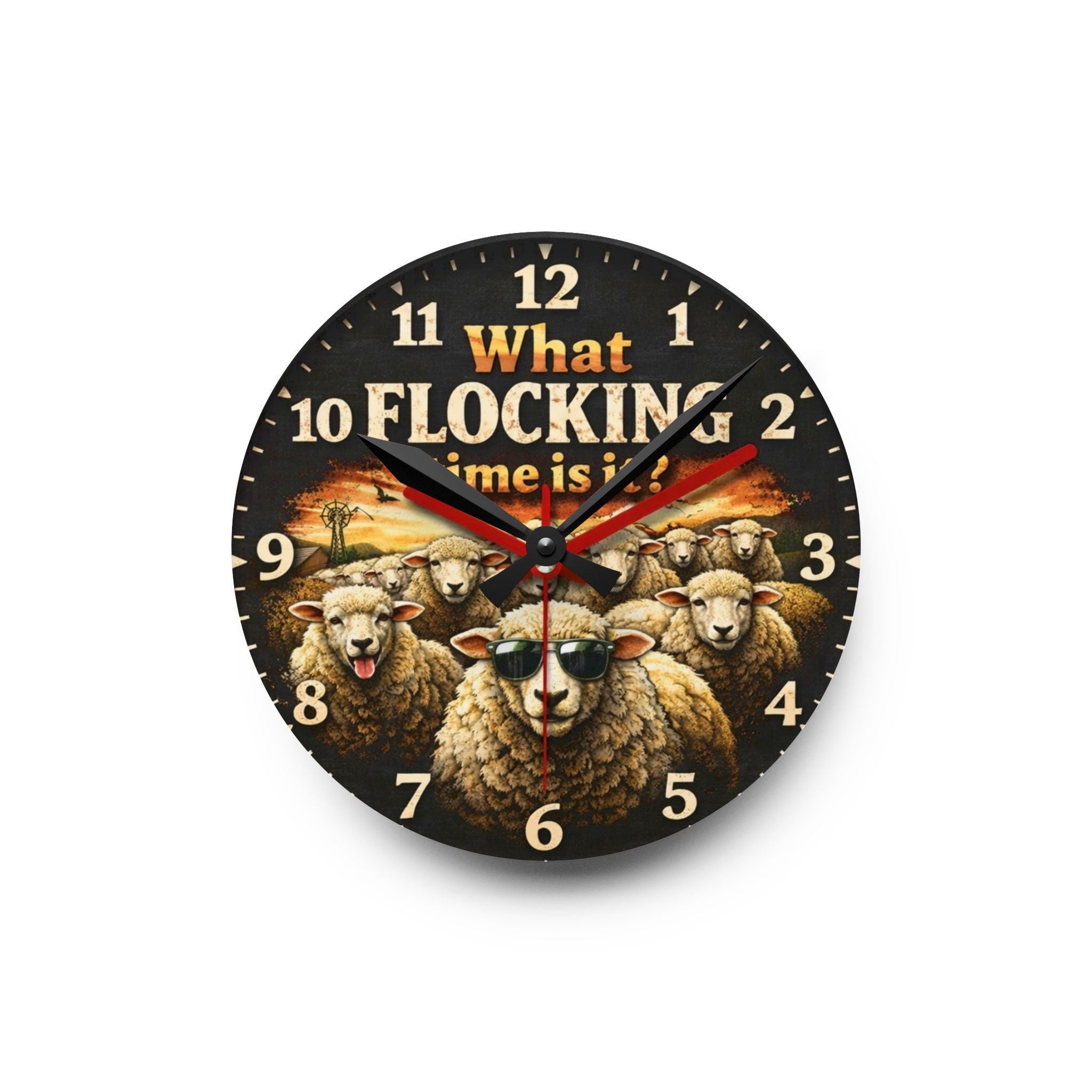 Acrylic Wall Clock — "What Flocking Time Is It?" Sheep Farm Humor Clock