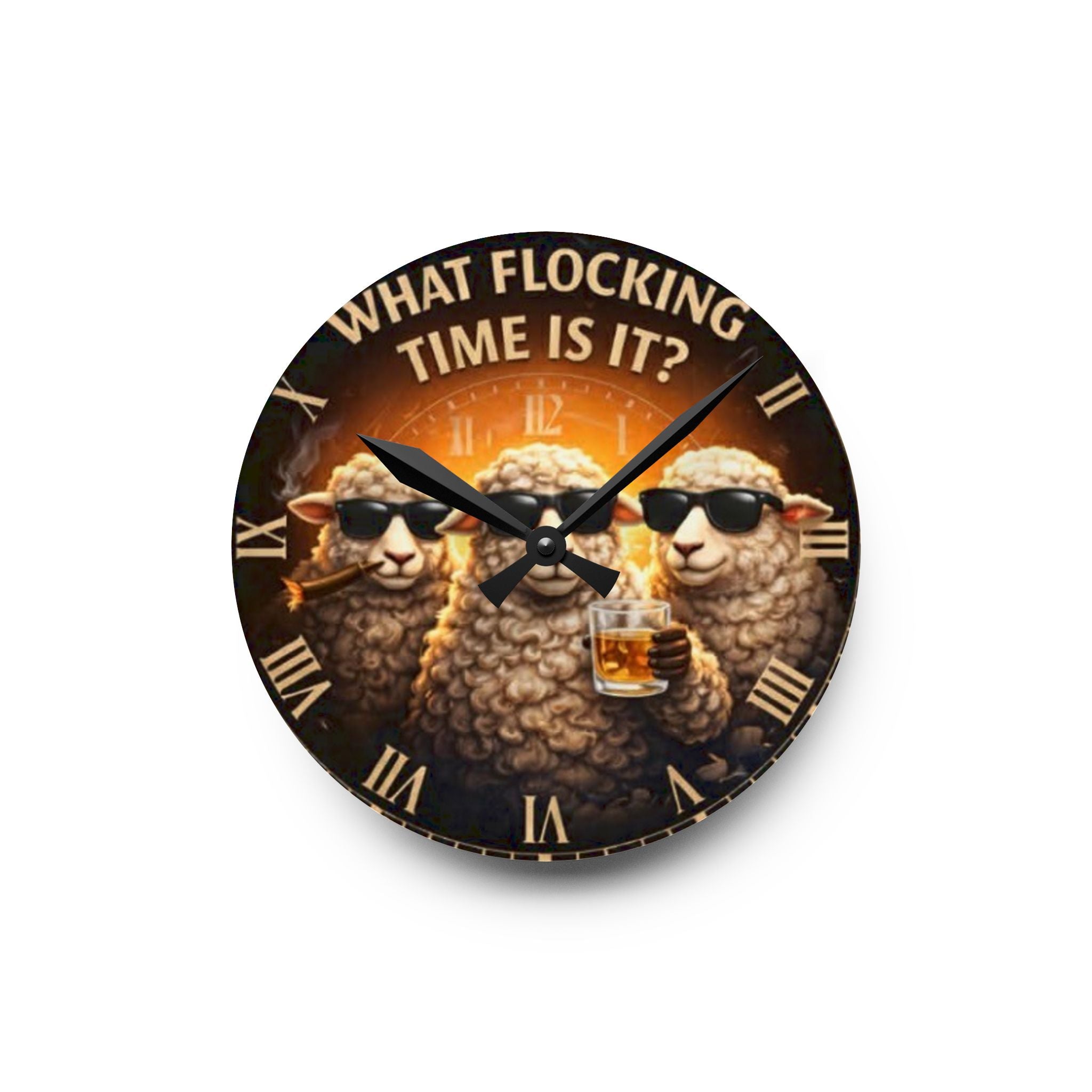 Acrylic Wall Clock — "What Flocking Time Is It?" Funny Sheep Whiskey Clock