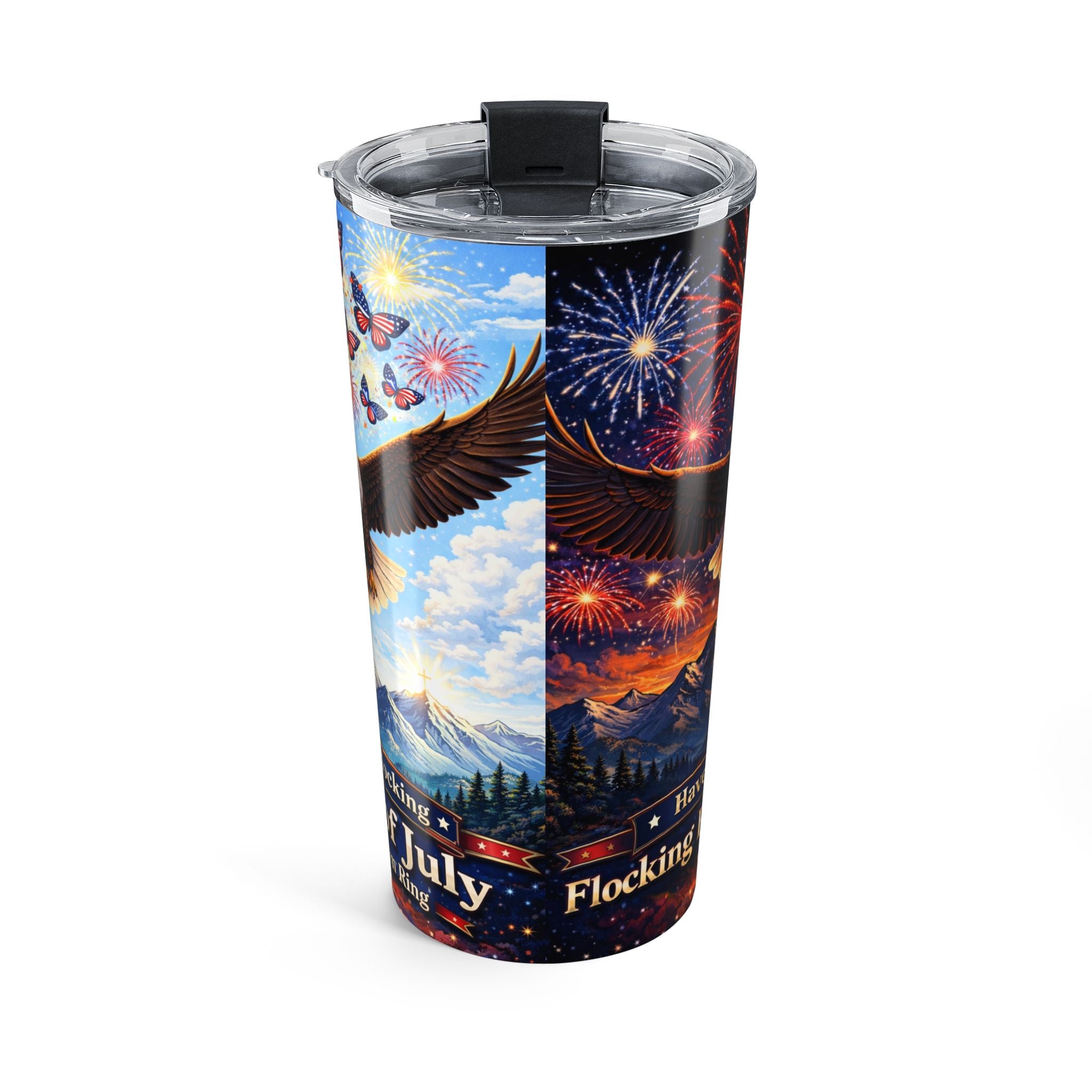 Happy Flocking 4th of July day and night Eagle Tumbler - 20oz Patriotic Fireworks Travel Cup