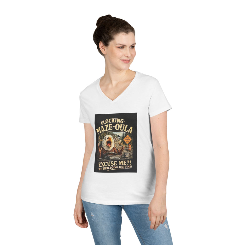 Ladies' V-Neck T-Shirt — "Flocking Maze-oula" Retro Turkey Humor Tee