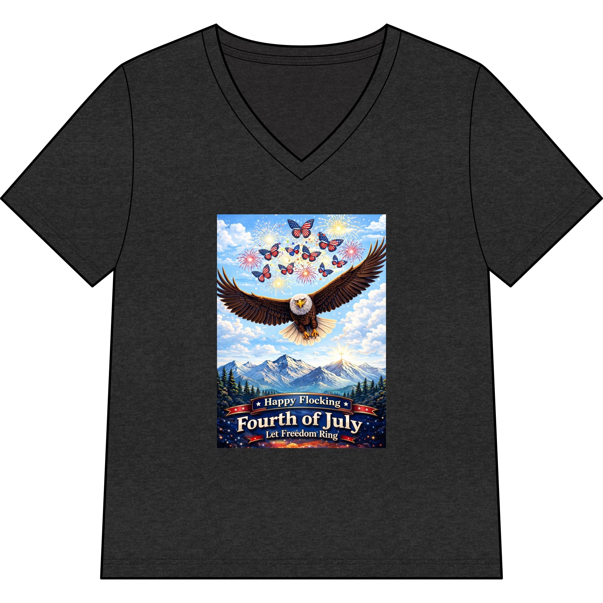 "Have a Happy Flocking Fourth of July" wearing this Patriotic Women's T-Shirt with both our National bird and celebration