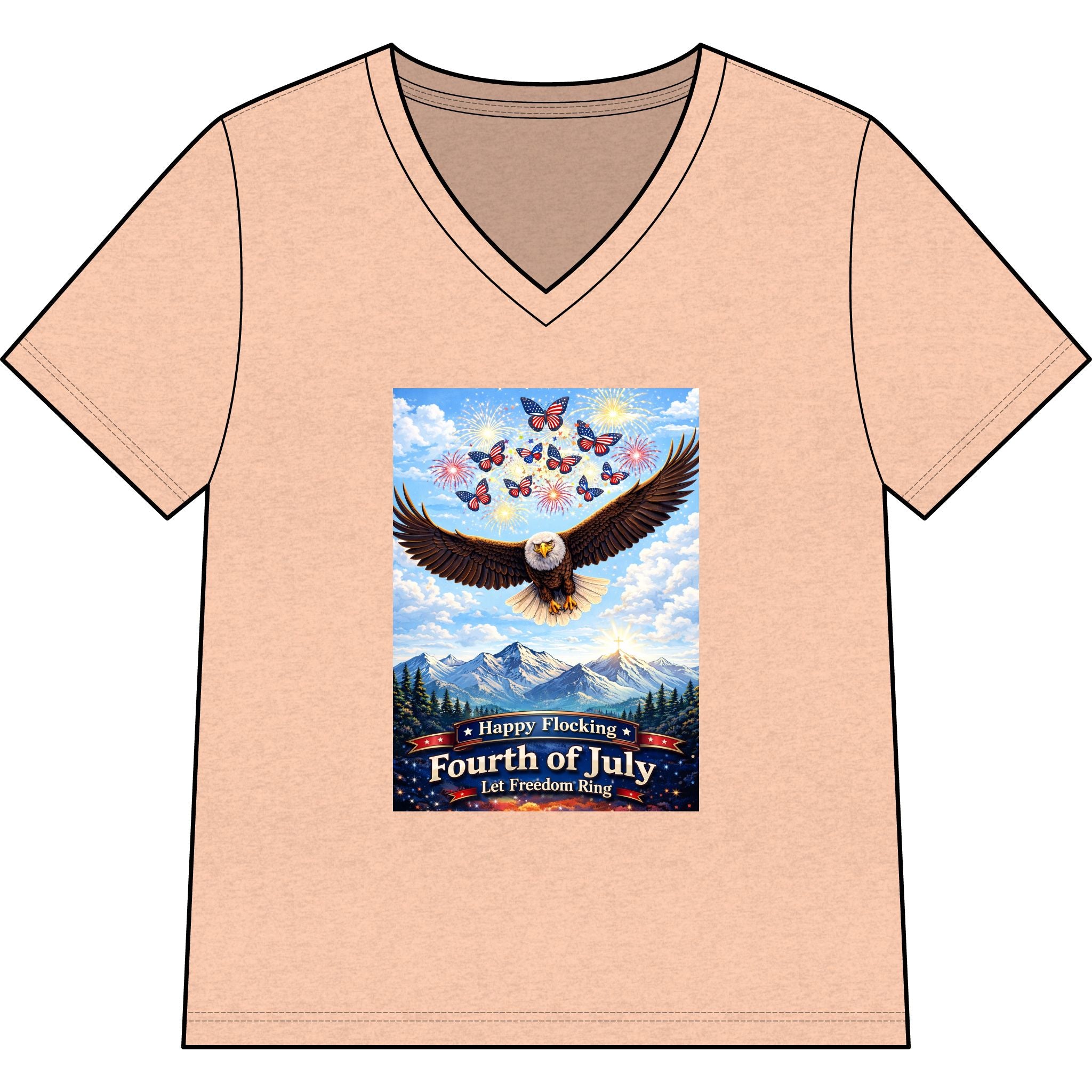 "Have a Happy Flocking Fourth of July" wearing this Patriotic Women's T-Shirt with both our National bird and celebration