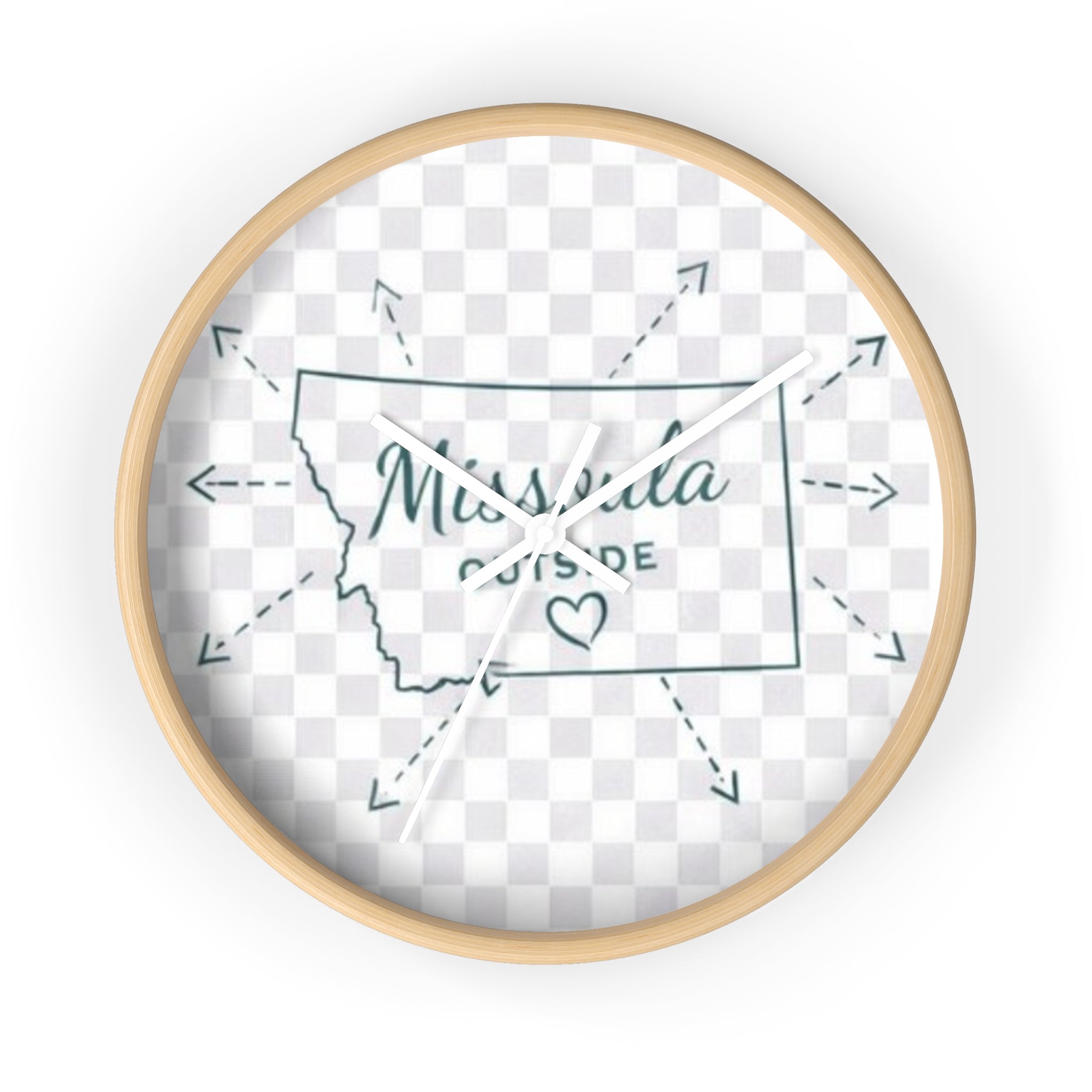 Wall Clock — Montana Home State Map "Missoula Outside" Heart Rustic Decorative Clock