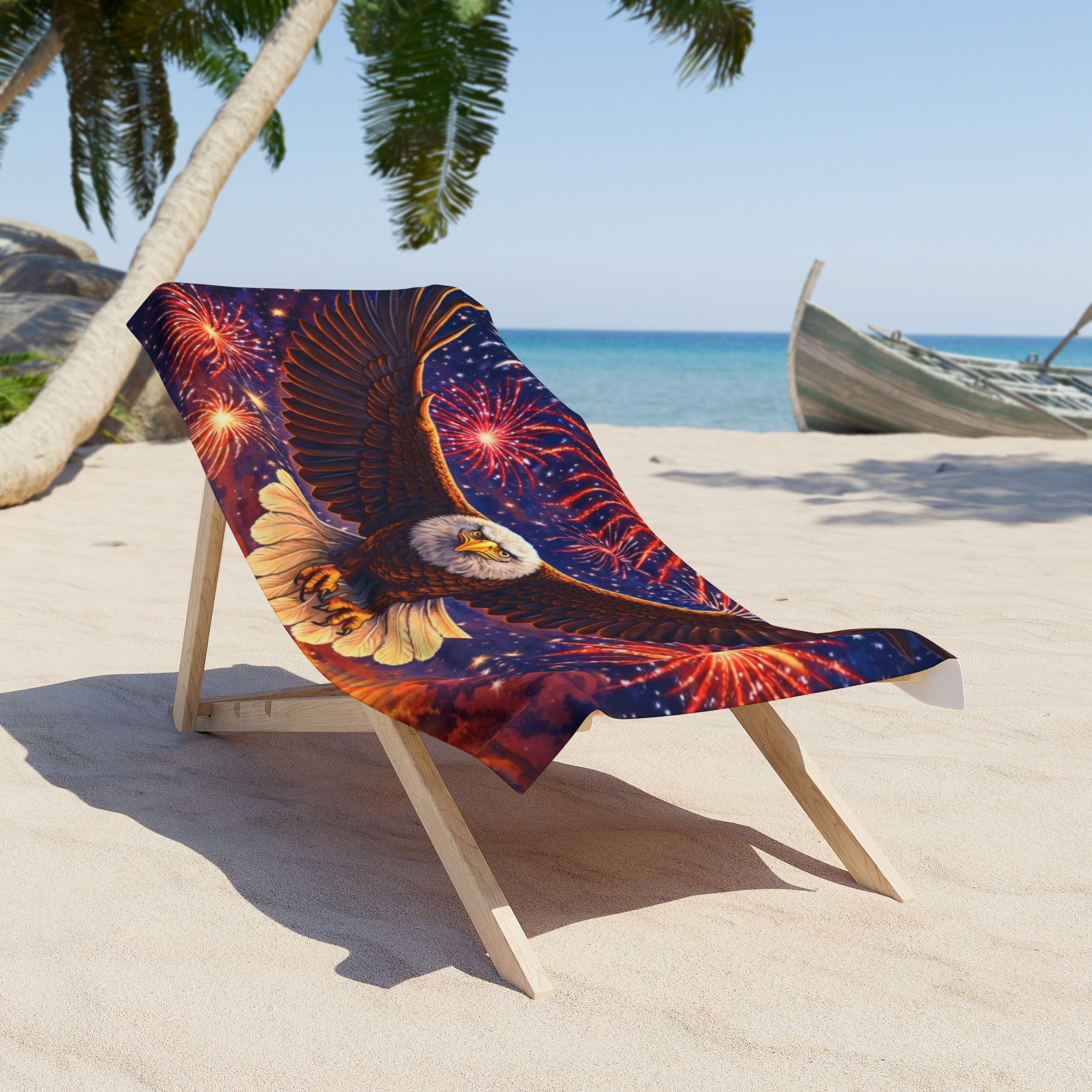 My Flocking Biz Eagle Fireworks Beach Towel — Patriotic Stars & Stripes Summer Beach Blanket