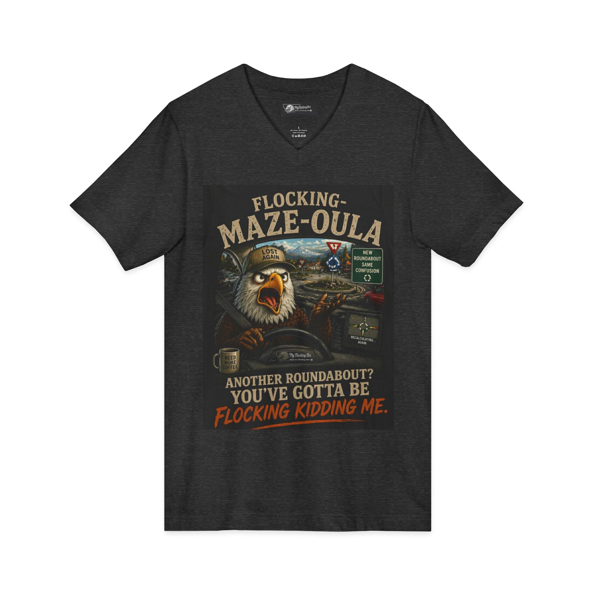 Flocking Maze-Oula V-Neck Tee – Funny Bald Eagle Road Trip Shirt