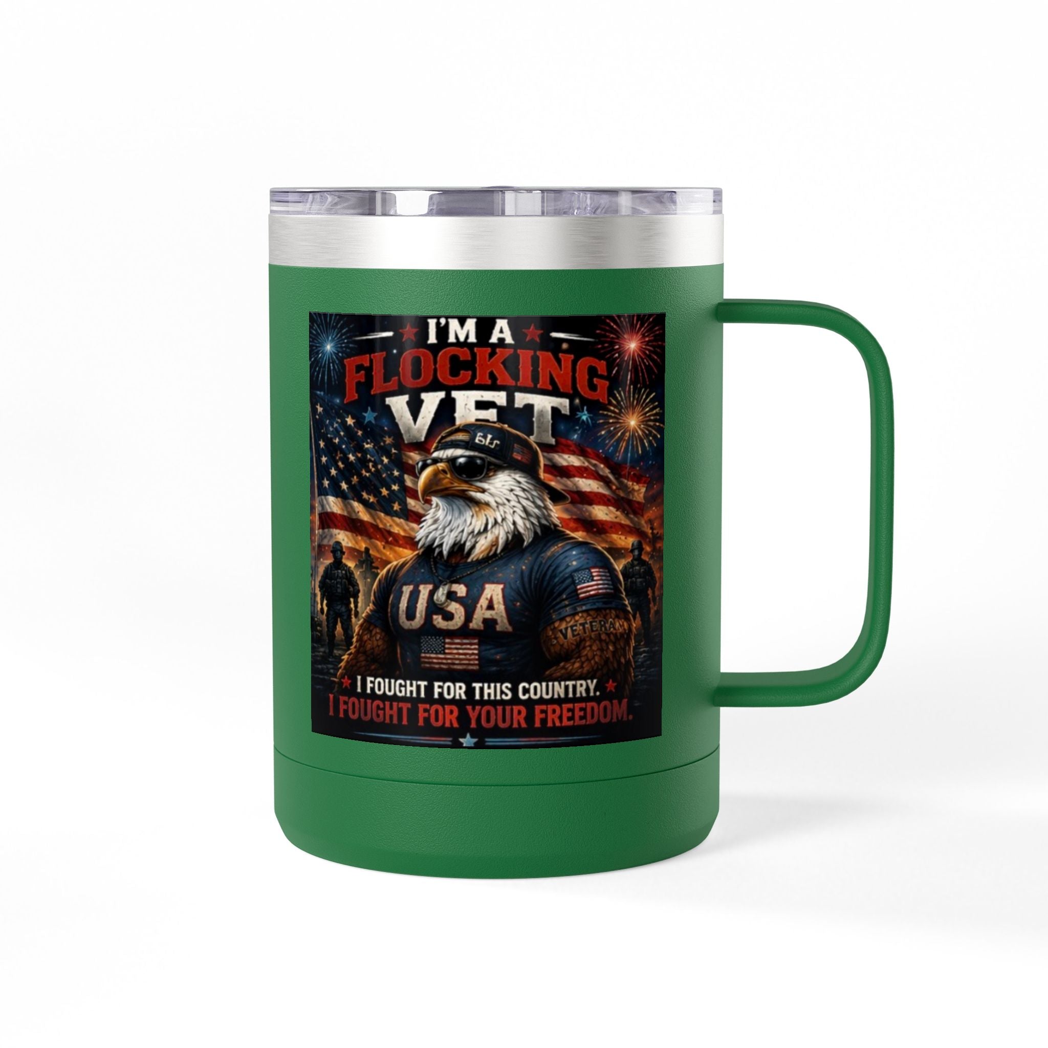 Flocking Proud Veteran Eagle Coffee Tumbler 15oz — “I’m a Flocking Vet” USA Patriotic Mug