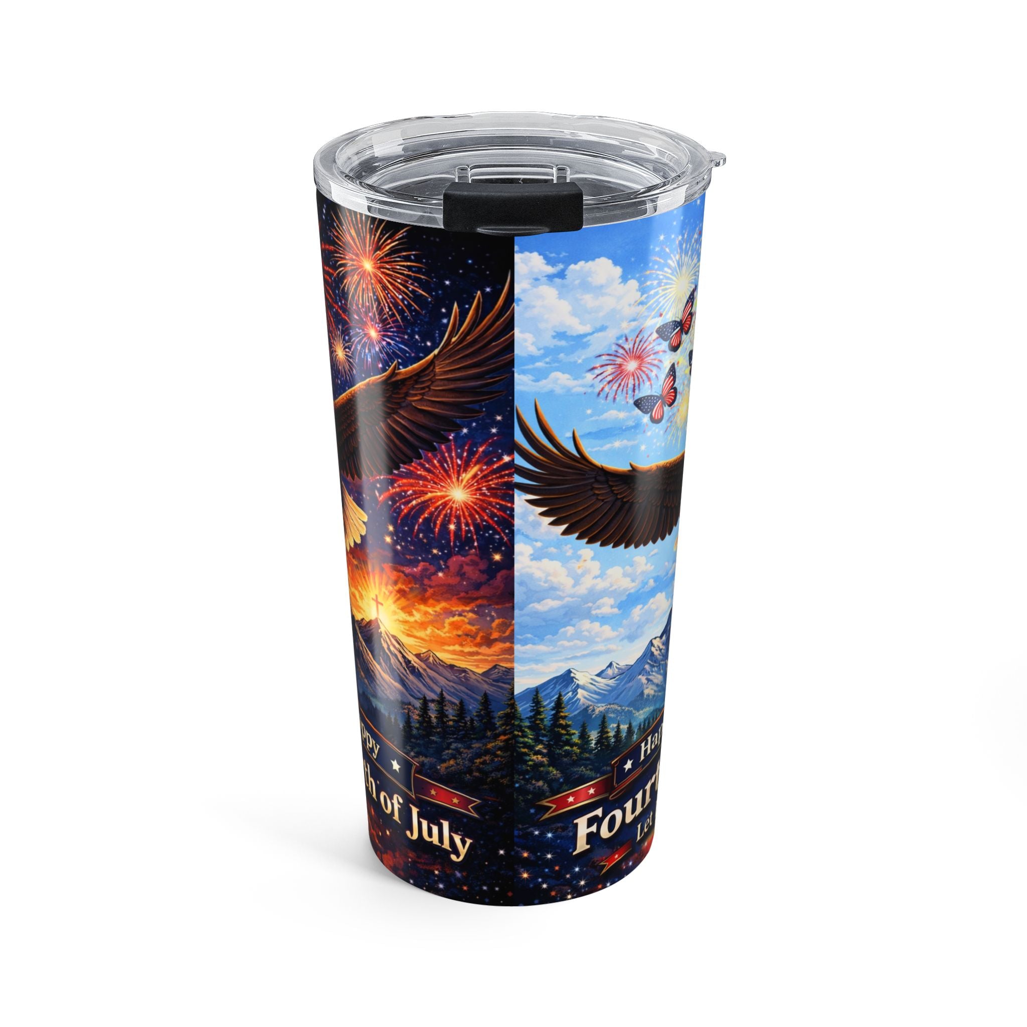 Happy Flocking 4th of July day and night Eagle Tumbler - 20oz Patriotic Fireworks Travel Cup