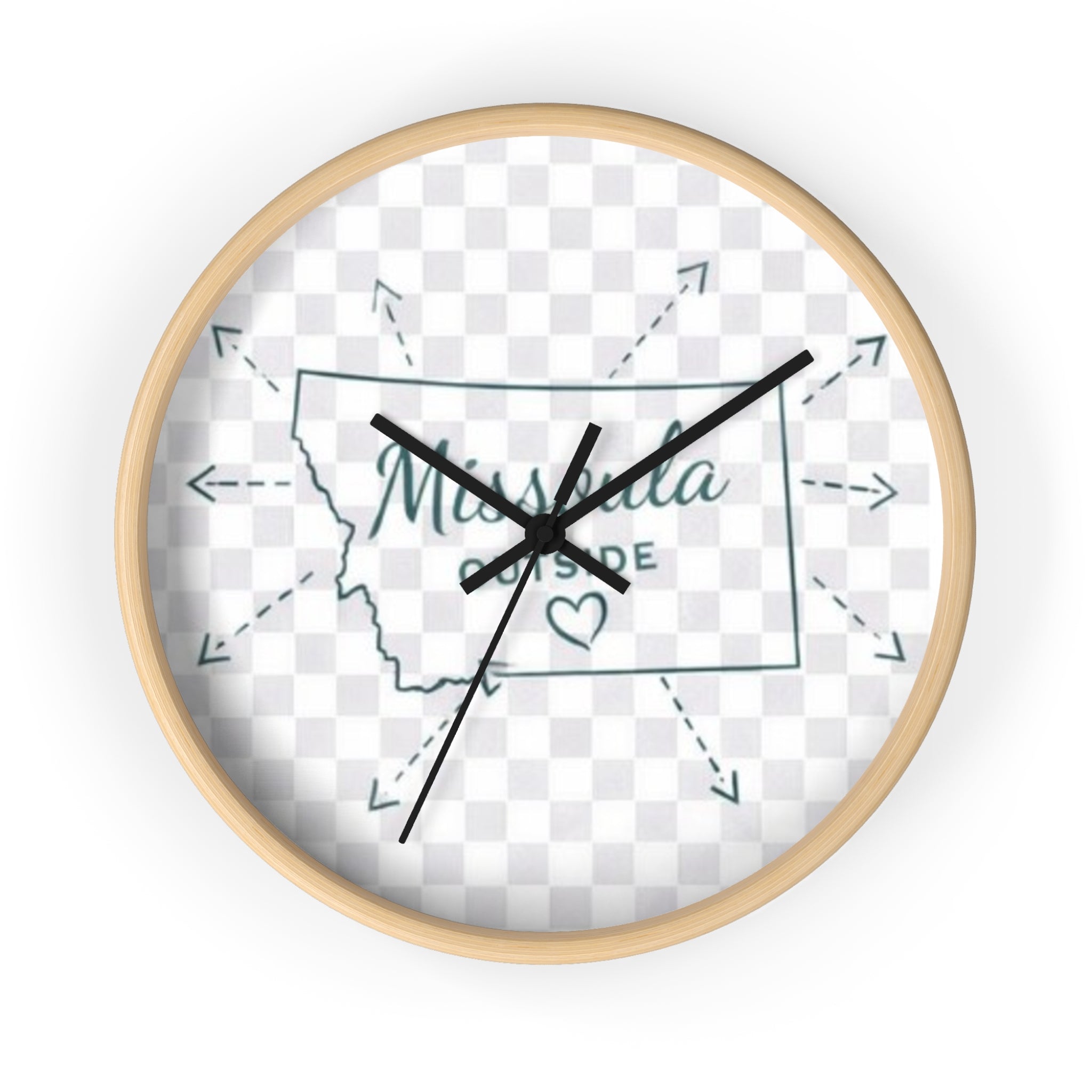 Wall Clock — Montana Home State Map "Missoula Outside" Heart Rustic Decorative Clock