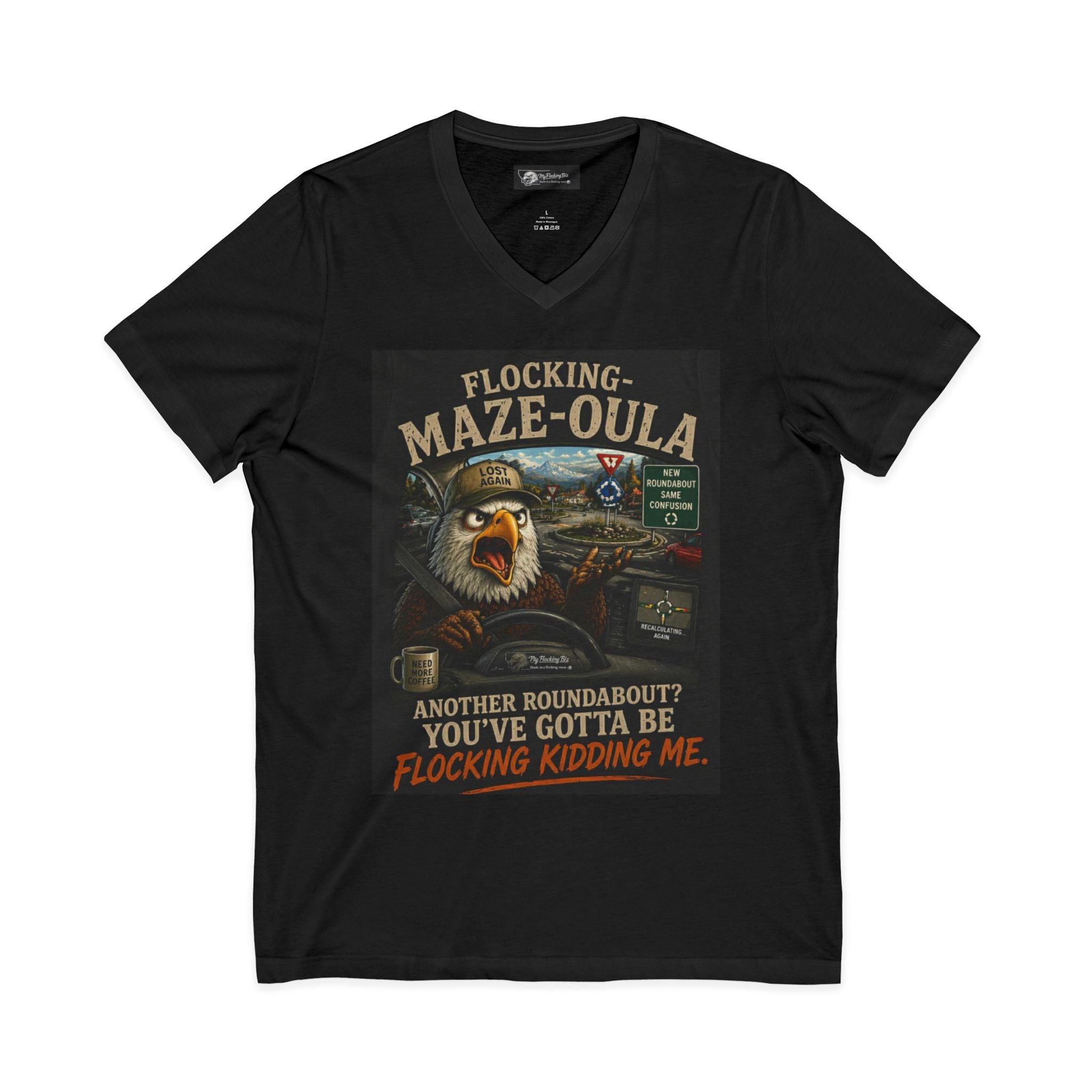 Flocking Maze-Oula V-Neck Tee – Funny Bald Eagle Road Trip Shirt