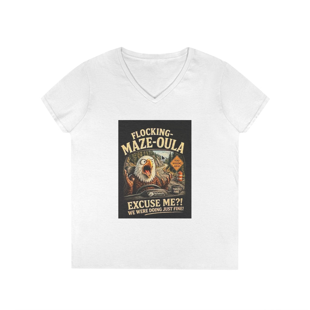 Ladies' V-Neck T-Shirt — "Flocking Maze-oula" Retro Turkey Humor Tee