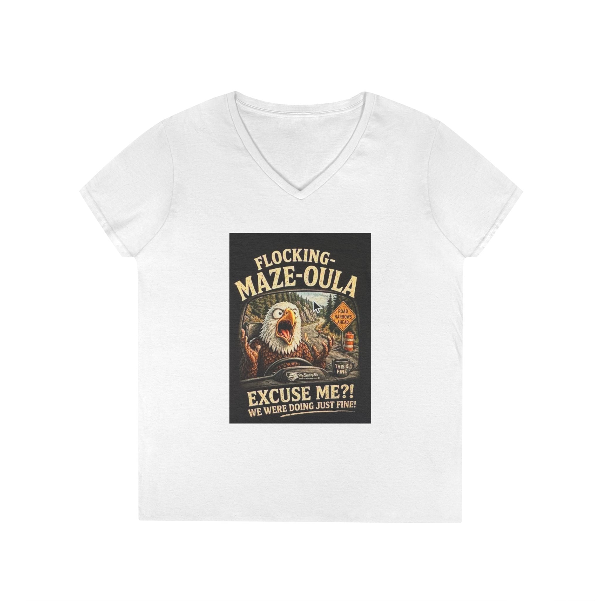 Ladies' V-Neck T-Shirt — "Flocking Maze-oula" Retro Turkey Humor Tee