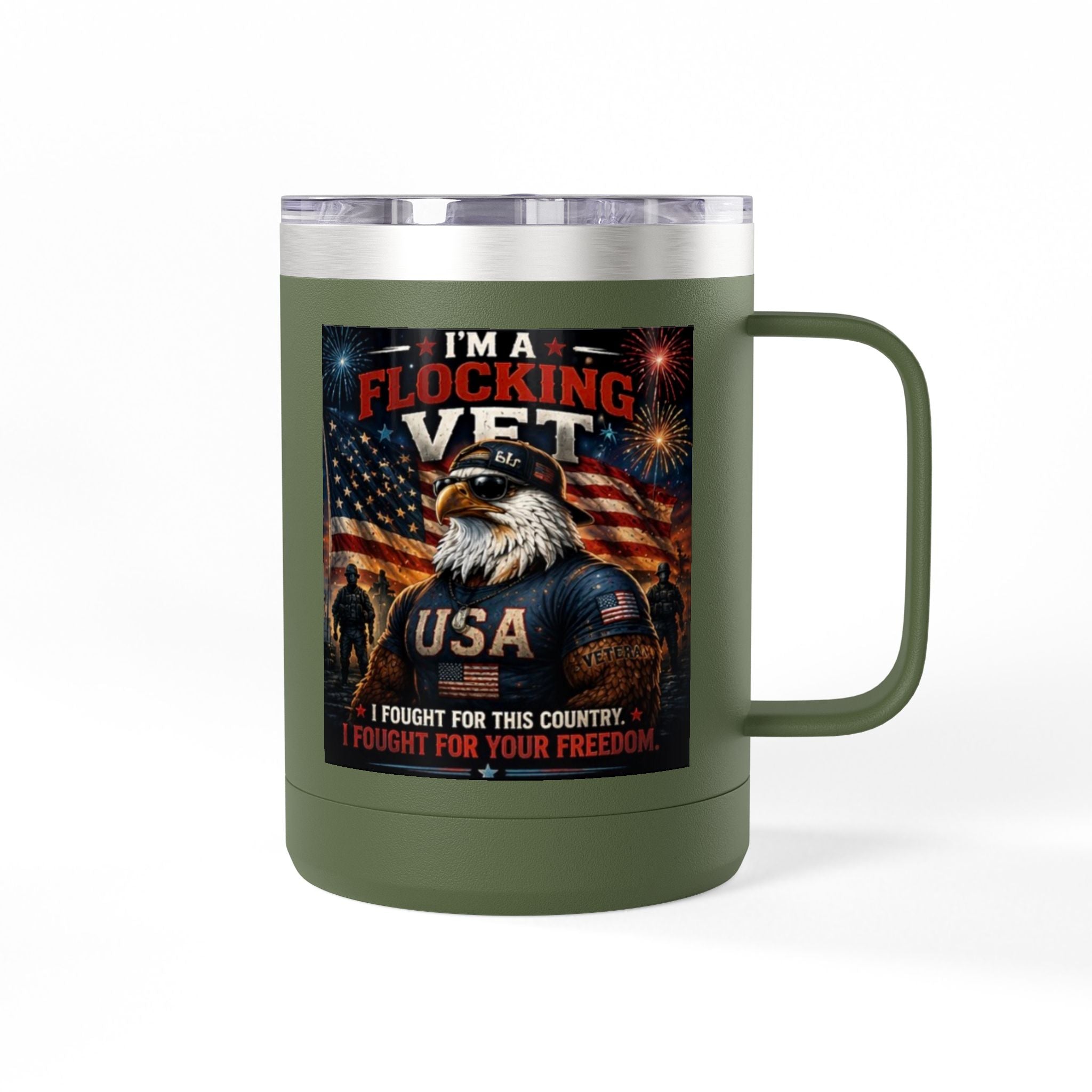 Flocking Proud Veteran Eagle Coffee Tumbler 15oz — “I’m a Flocking Vet” USA Patriotic Mug