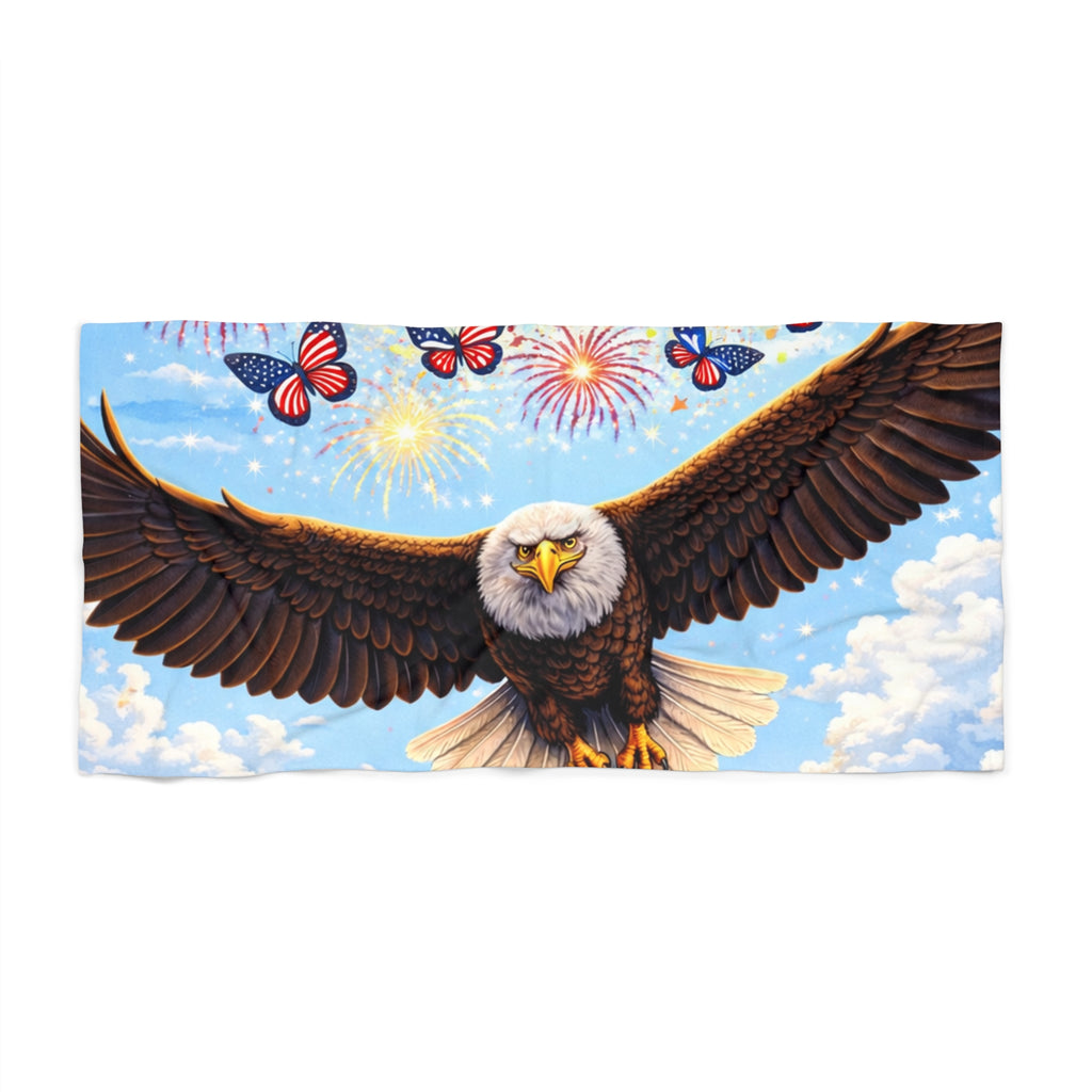 My Flocking Biz Fourth of July edition Patriotic Eagle Beach Towel – Soaring Bald Eagle with Butterflies & Fireworks