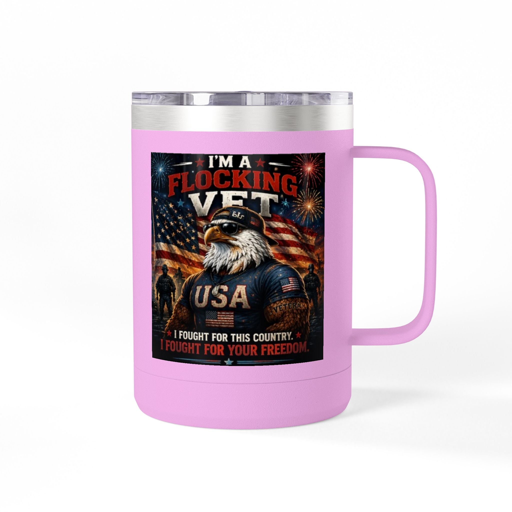Flocking Proud Veteran Eagle Coffee Tumbler 15oz — “I’m a Flocking Vet” USA Patriotic Mug