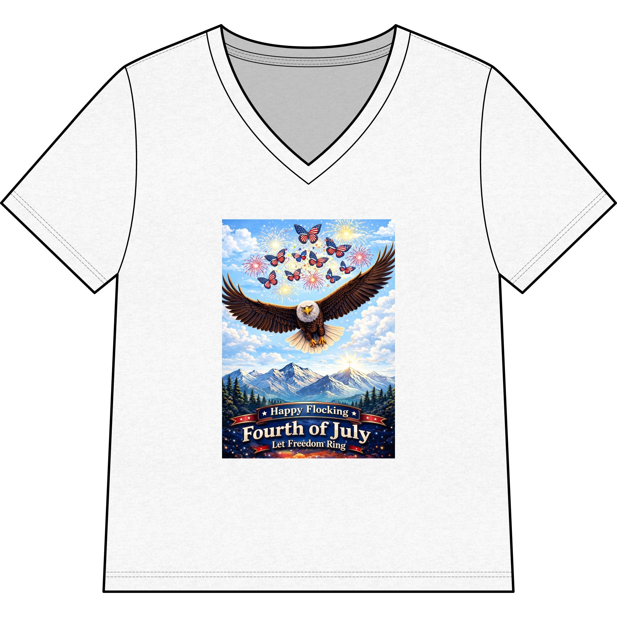 "Have a Happy Flocking Fourth of July" wearing this Patriotic Women's T-Shirt with both our National bird and celebration