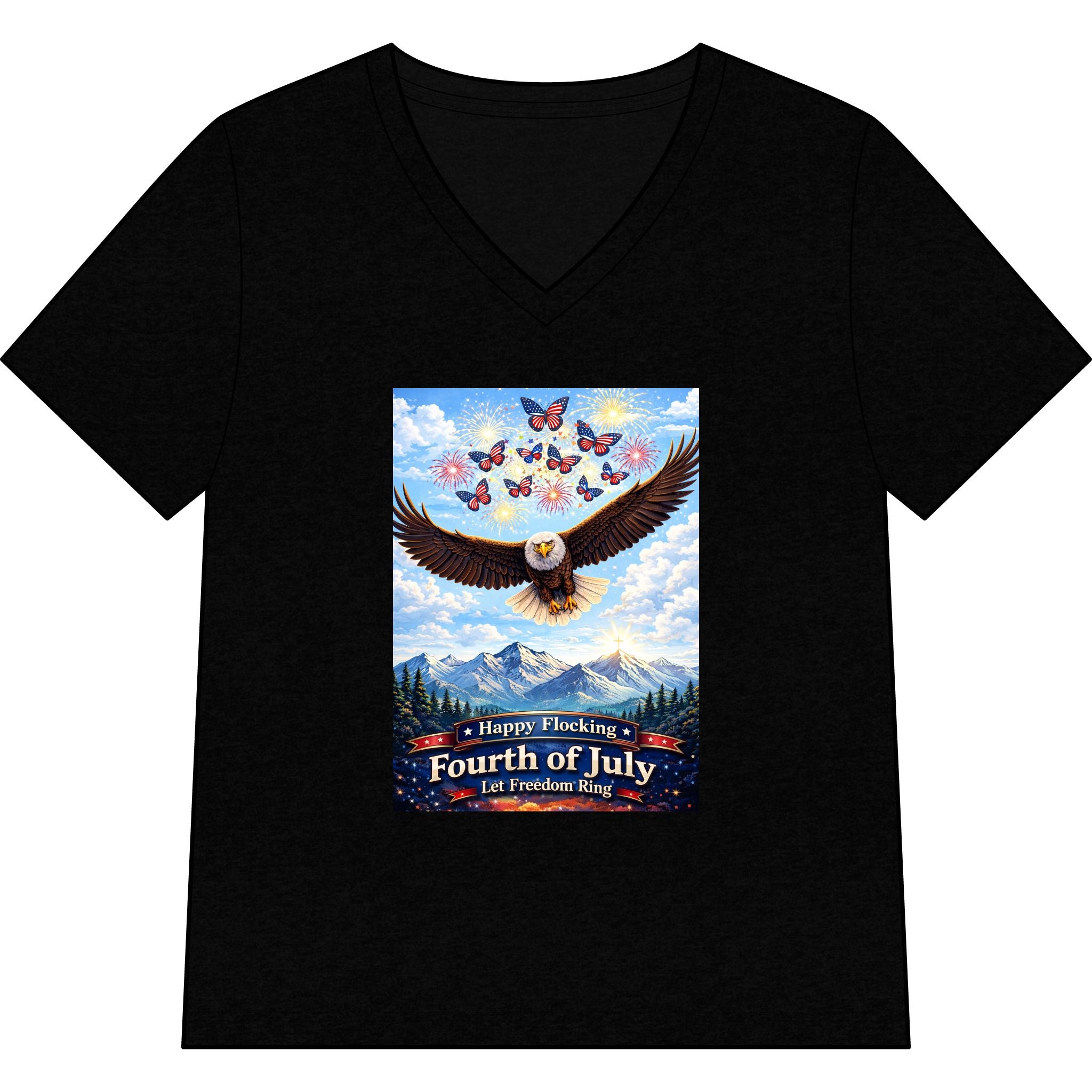 "Have a Happy Flocking Fourth of July" wearing this Patriotic Women's T-Shirt with both our National bird and celebration