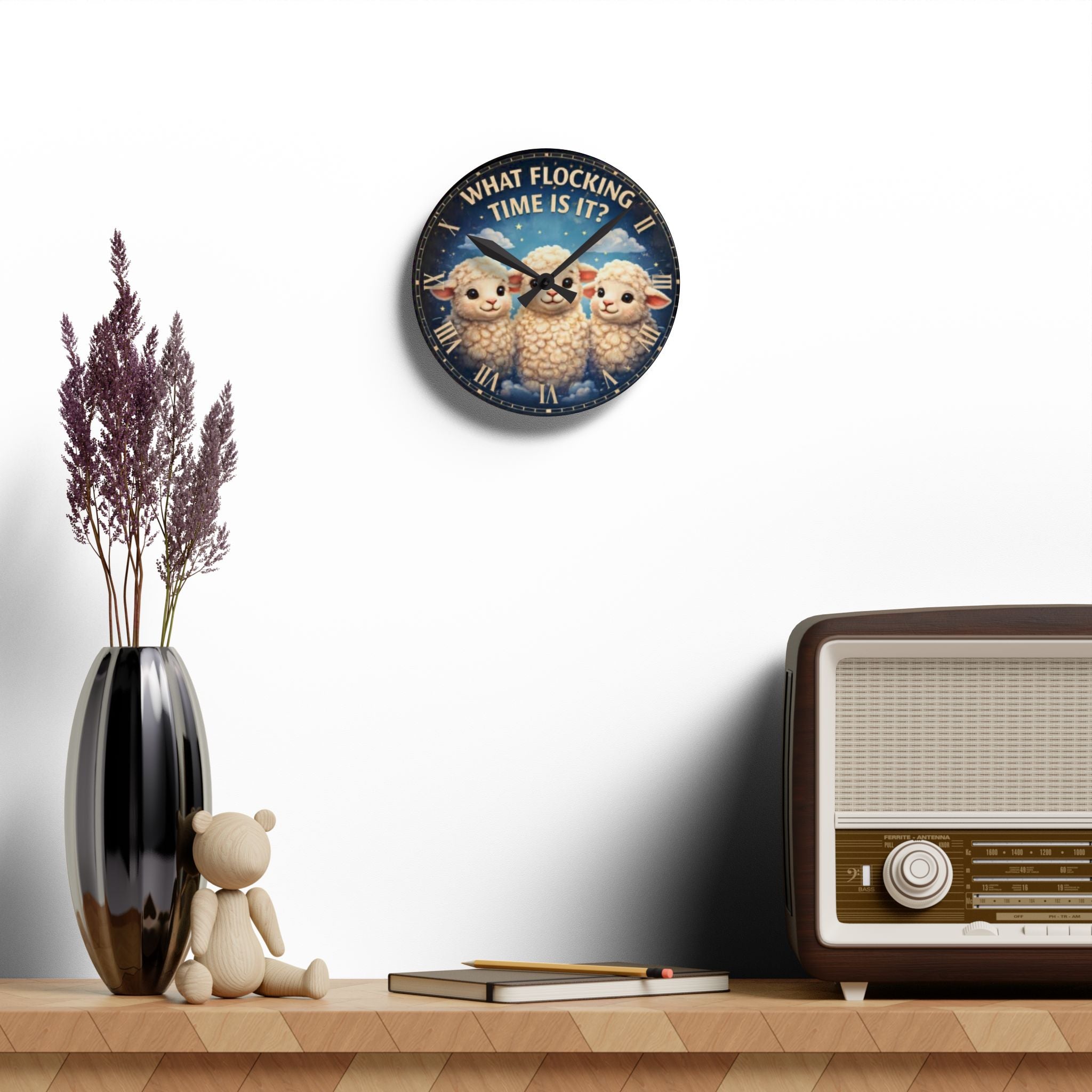 What Flocking Time Is It? Acrylic Wall Clock — Cute Sheep Nursery Decor