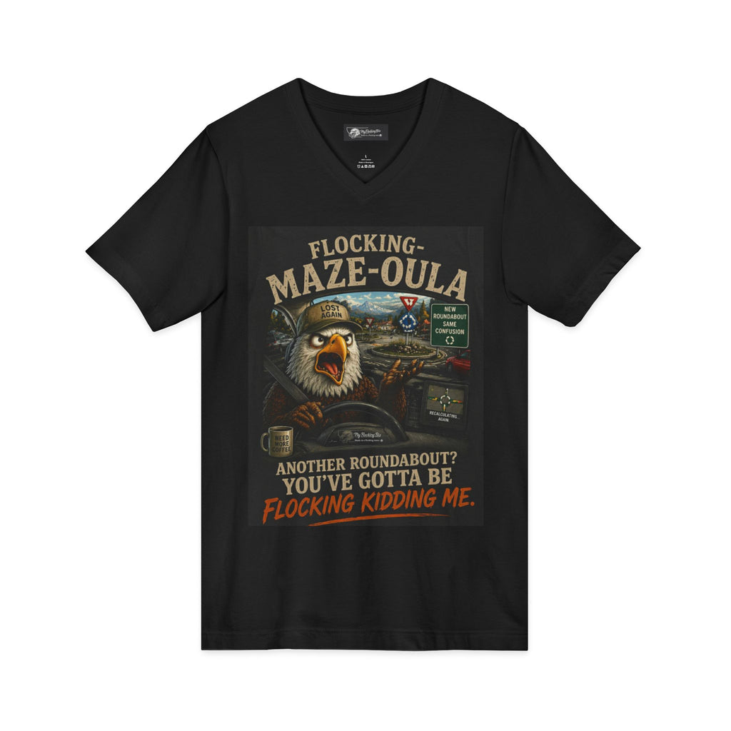Flocking Maze-Oula V-Neck Tee – Funny Bald Eagle Road Trip Shirt
