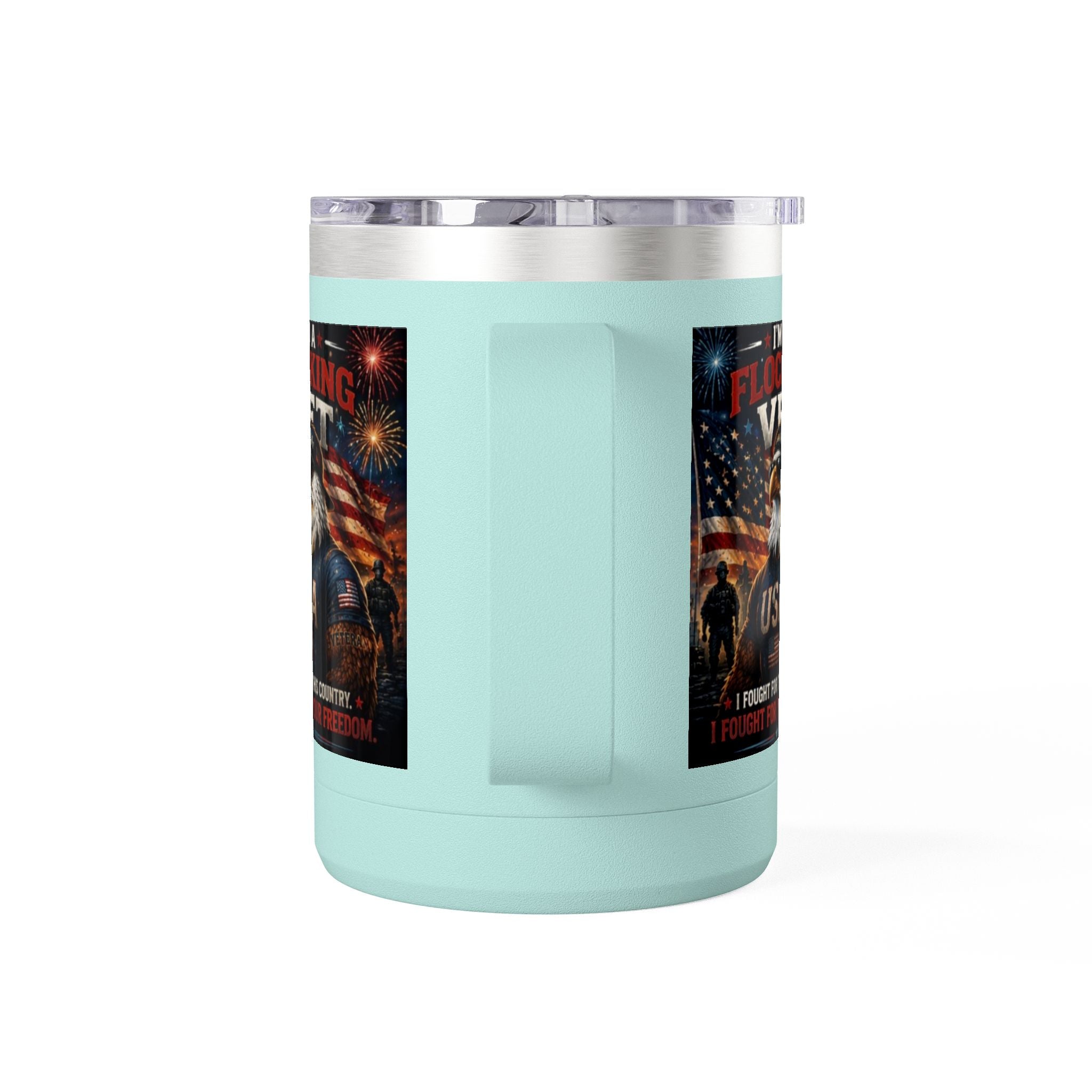 Flocking Proud Veteran Eagle Coffee Tumbler 15oz — “I’m a Flocking Vet” USA Patriotic Mug