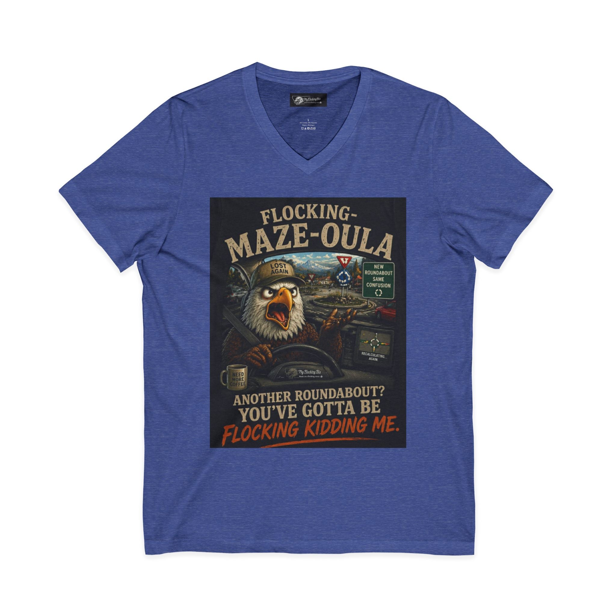 Flocking Maze-Oula V-Neck Tee – Funny Bald Eagle Road Trip Shirt