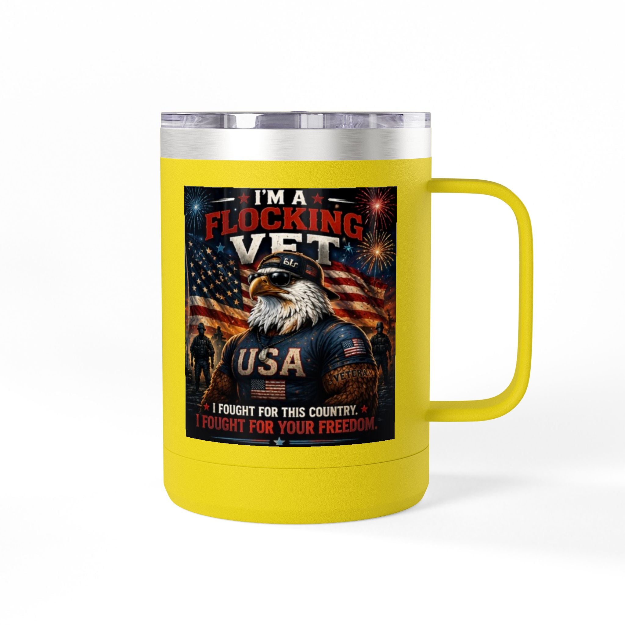 Flocking Proud Veteran Eagle Coffee Tumbler 15oz — “I’m a Flocking Vet” USA Patriotic Mug