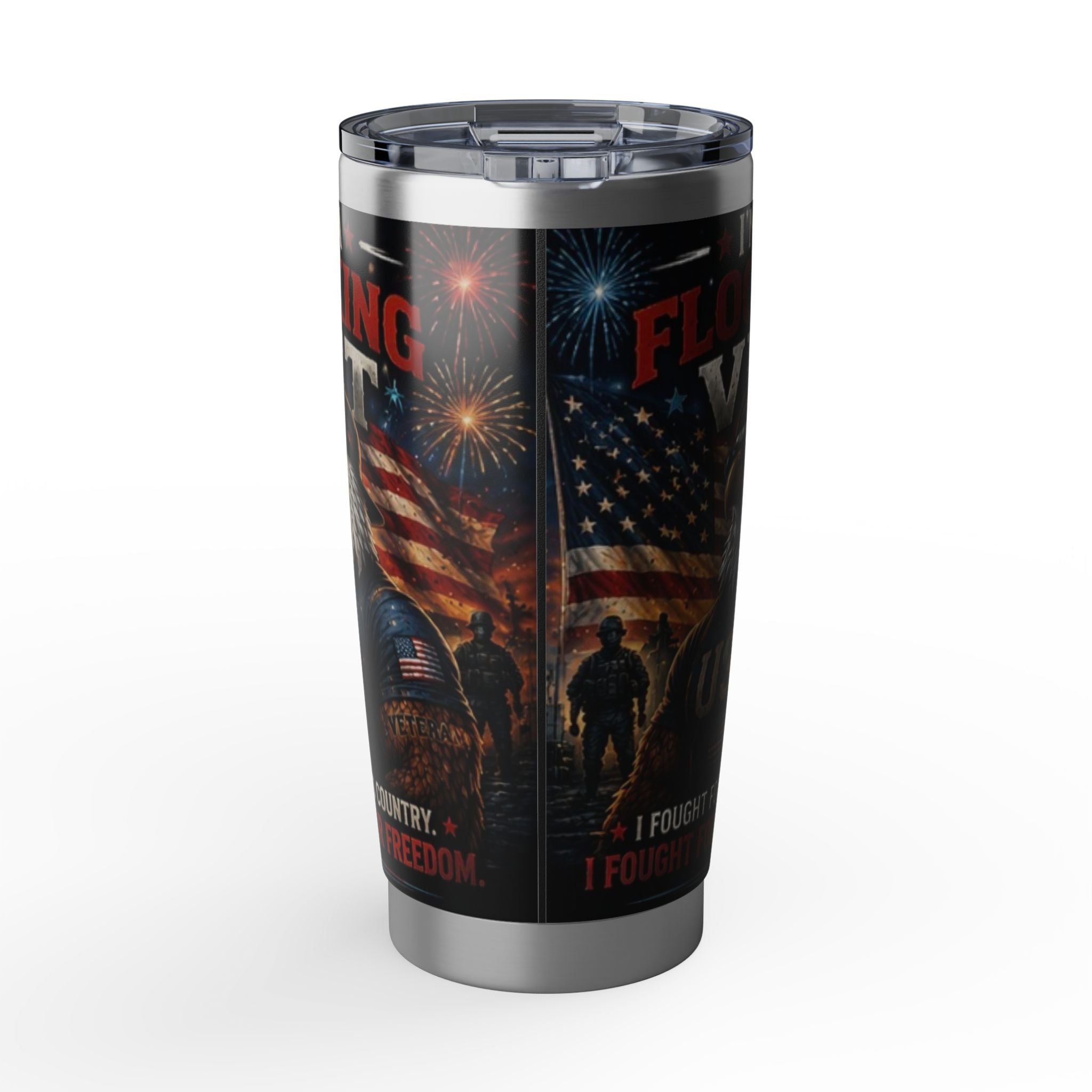 A Flocking Proud Patriotic Flag & Soldier 20oz Tumbler - "Fighting For My Country, I Found Freedom"