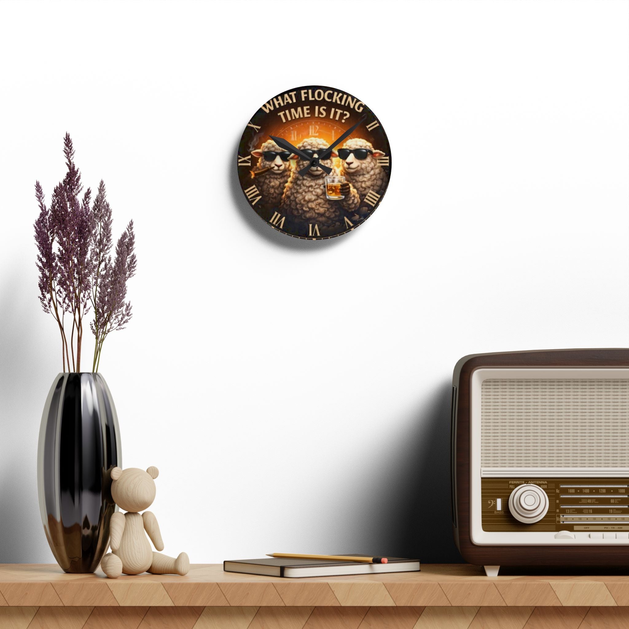 Acrylic Wall Clock — "What Flocking Time Is It?" Funny Sheep Whiskey Clock